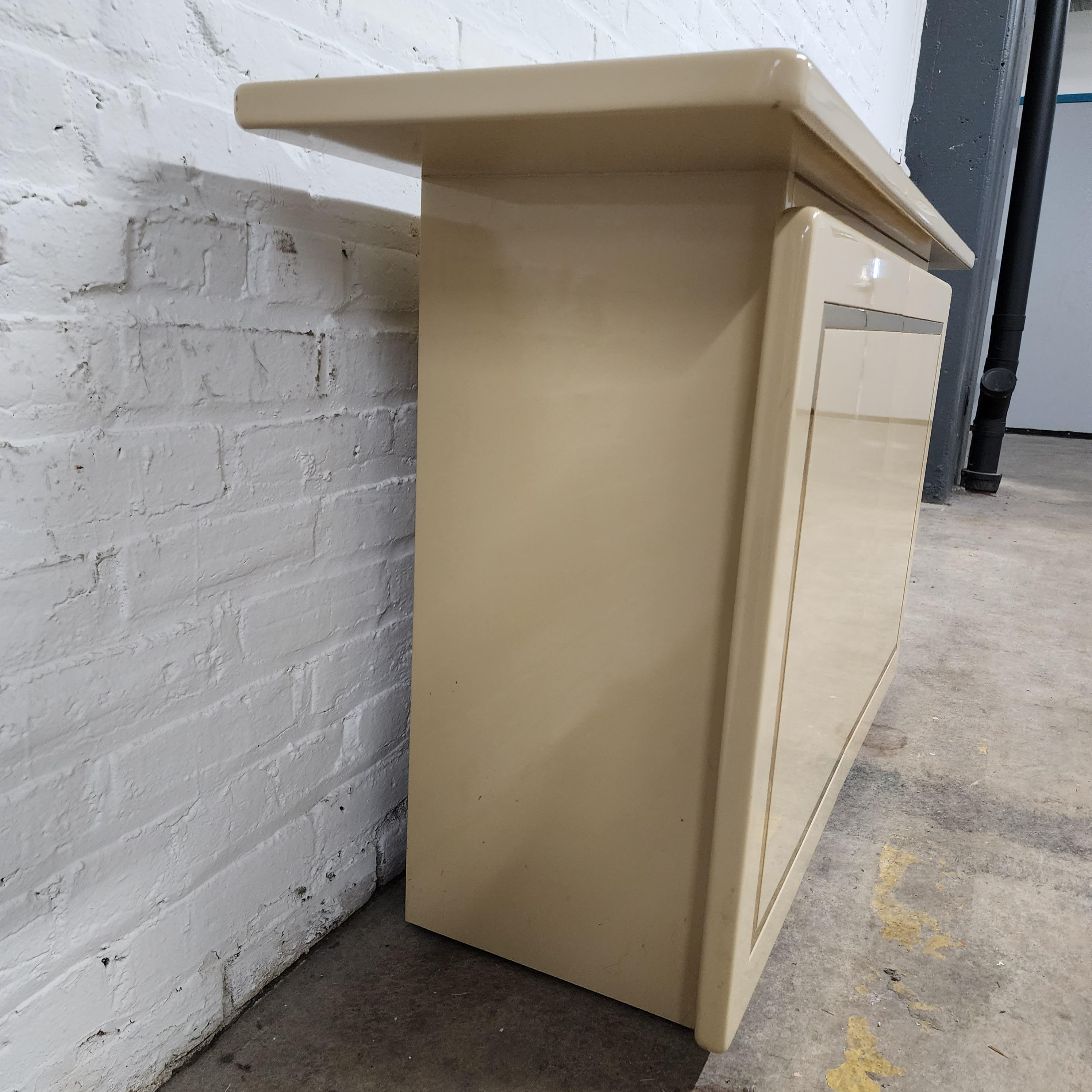 Vintage Post Modern Cream Lacquer and Brass Credenza by Rougier 1
