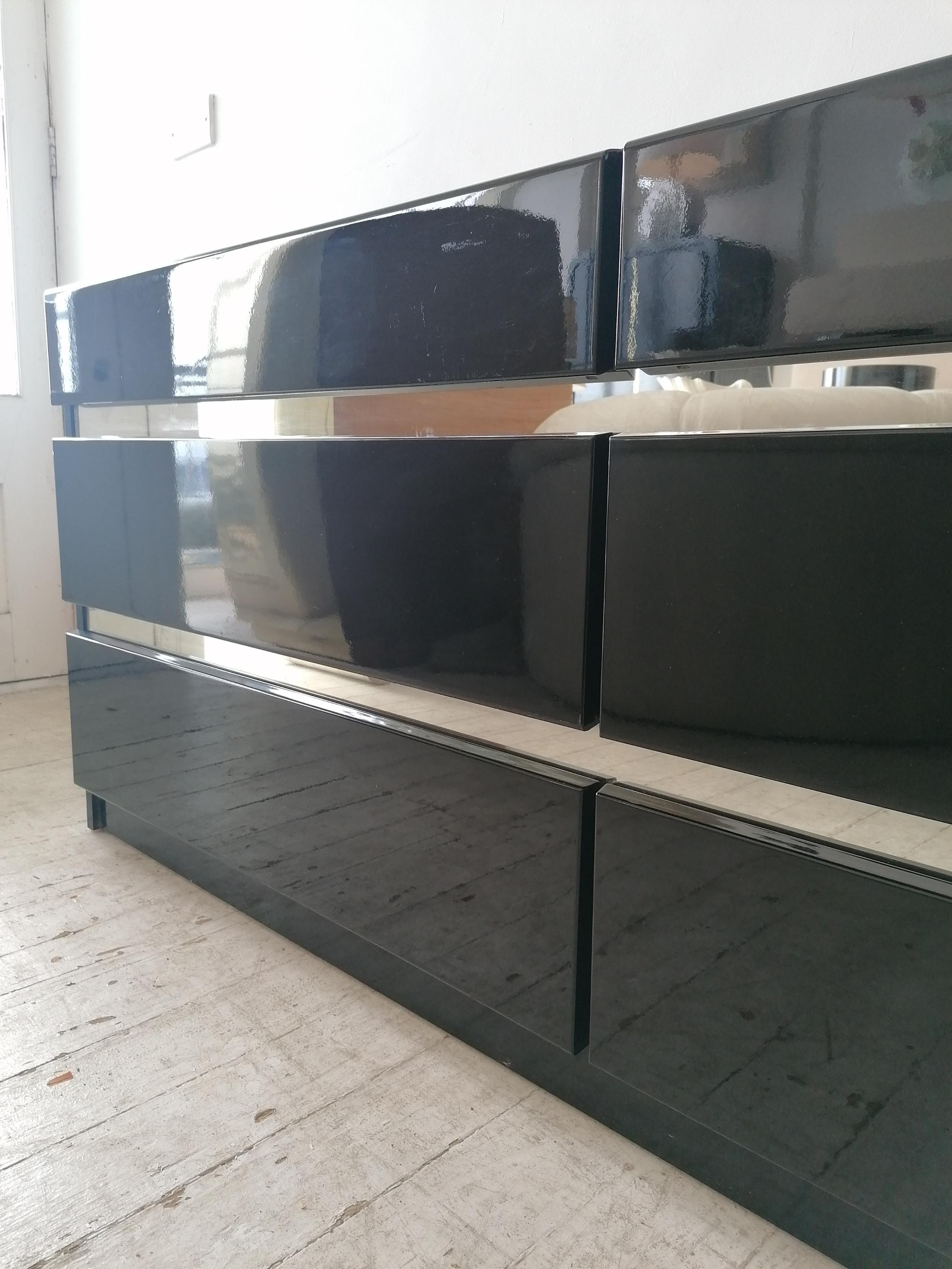 Mirror Vintage Post Modern Deco Revival Black Lacquer Sideboard With Drawers, USA 1980s For Sale