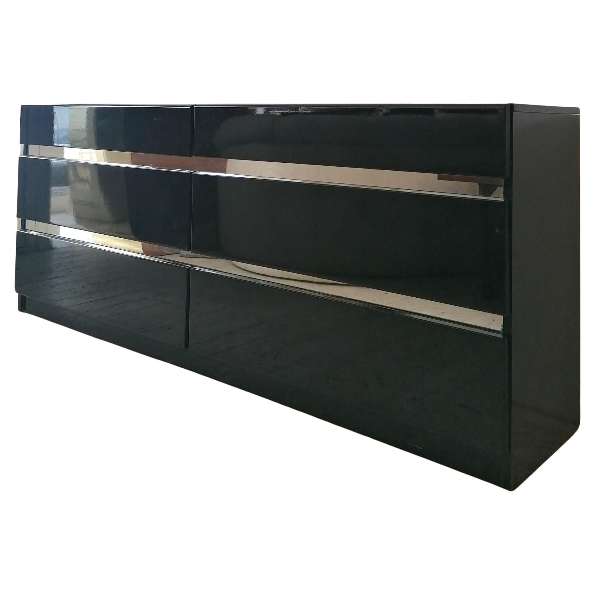 Vintage Post Modern Deco Revival Black Lacquer Sideboard With Drawers, USA 1980s For Sale