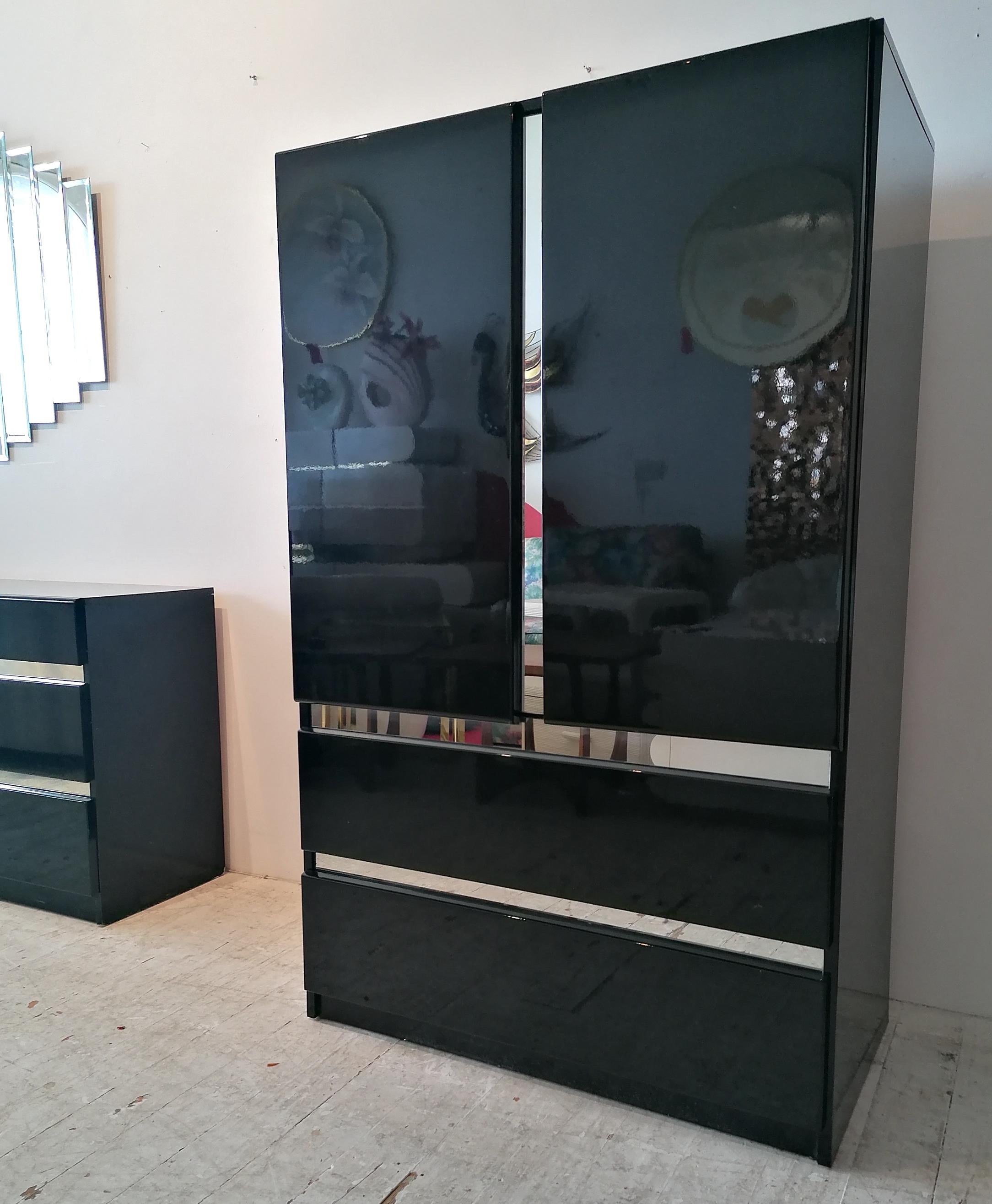 Vintage Post Modern Deco Revival Black Lacquer Tall Cabinet / Tallboy, USA 1980s For Sale 3