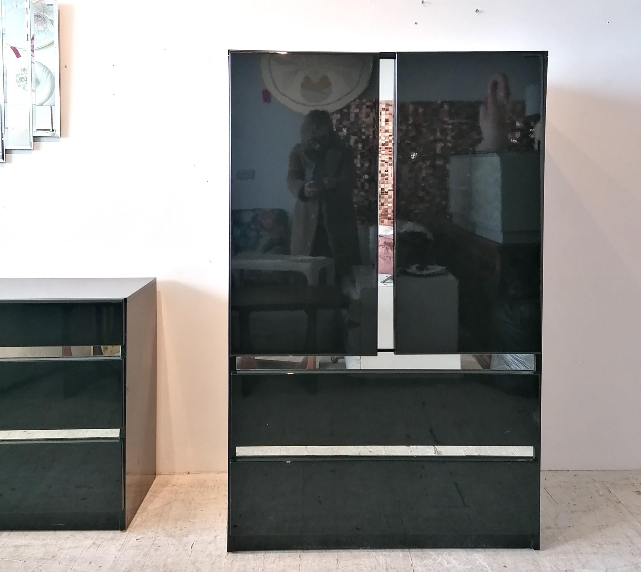 Post-Modern Vintage Post Modern Deco Revival Black Lacquer Tall Cabinet / Tallboy, USA 1980s For Sale