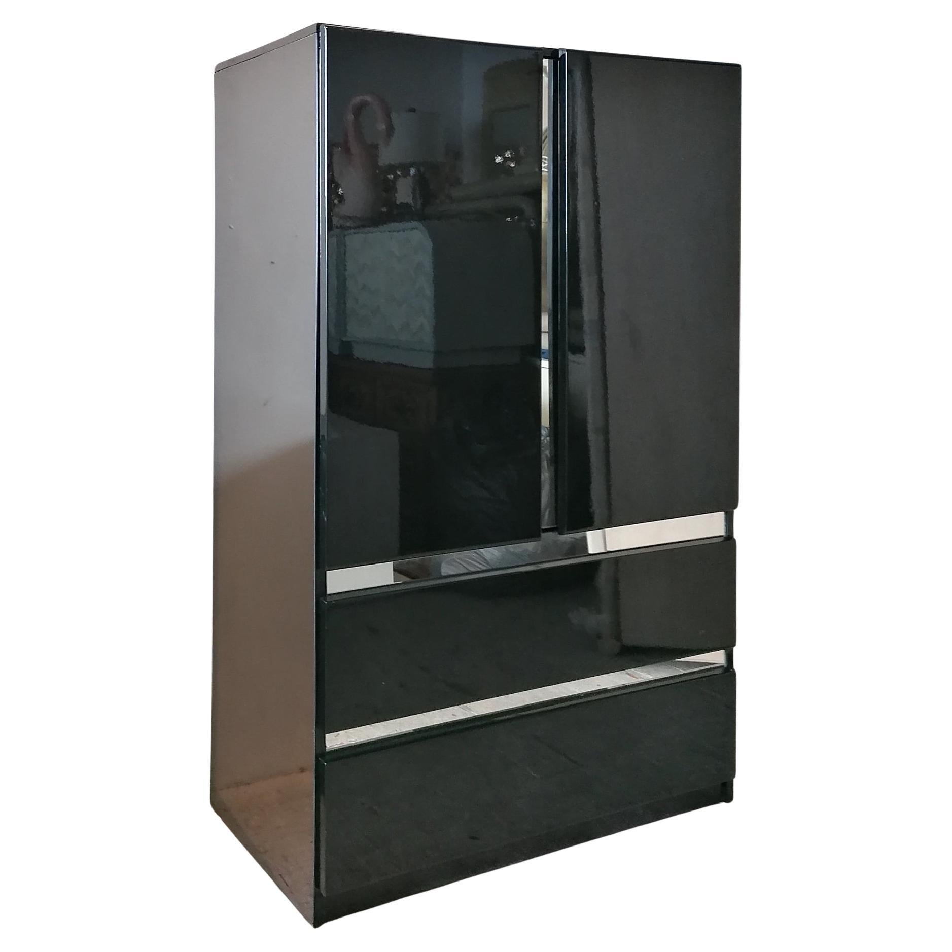 Vintage Post Modern Deco Revival Black Lacquer Tall Cabinet / Tallboy, USA 1980s For Sale