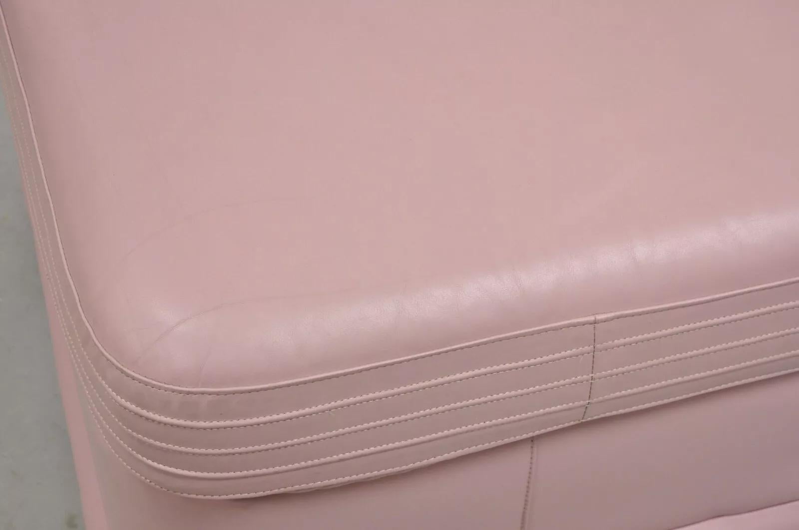 Vintage Post Modern Emerson Leather Bubblegum Pink Stitched Square Ottoman Stool For Sale 4