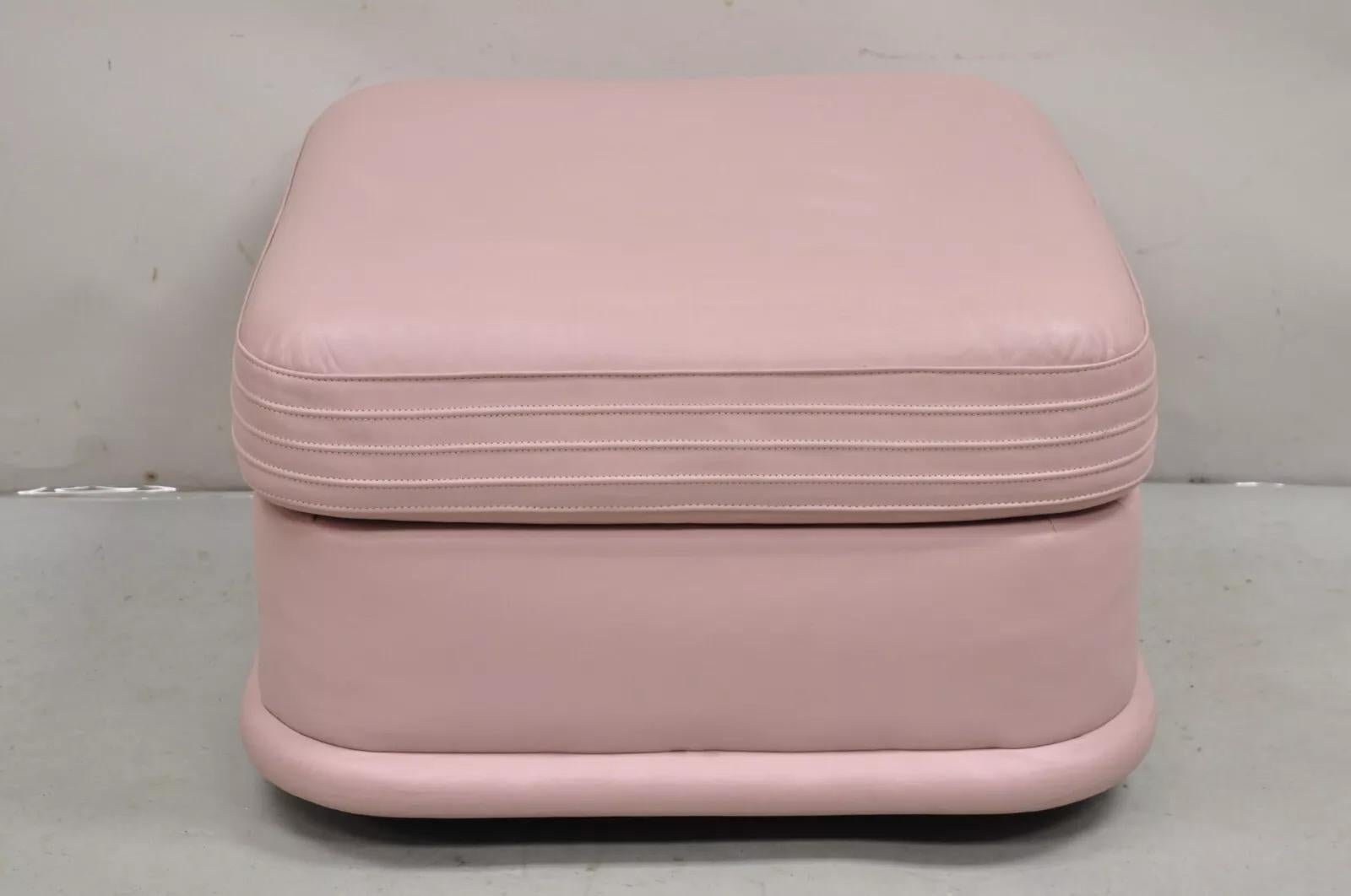 Vintage Post Modern Emerson Leather Bubblegum Pink Stitched Square Ottoman Stool For Sale 6