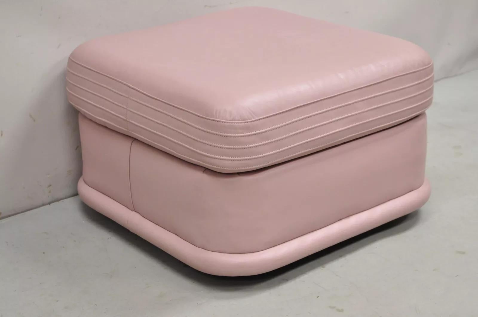 Vintage Mid Century Post Modern Emerson Leather Bubblegum Pink Stitched Square Ottoman Stool. Item features small wooden feet, 