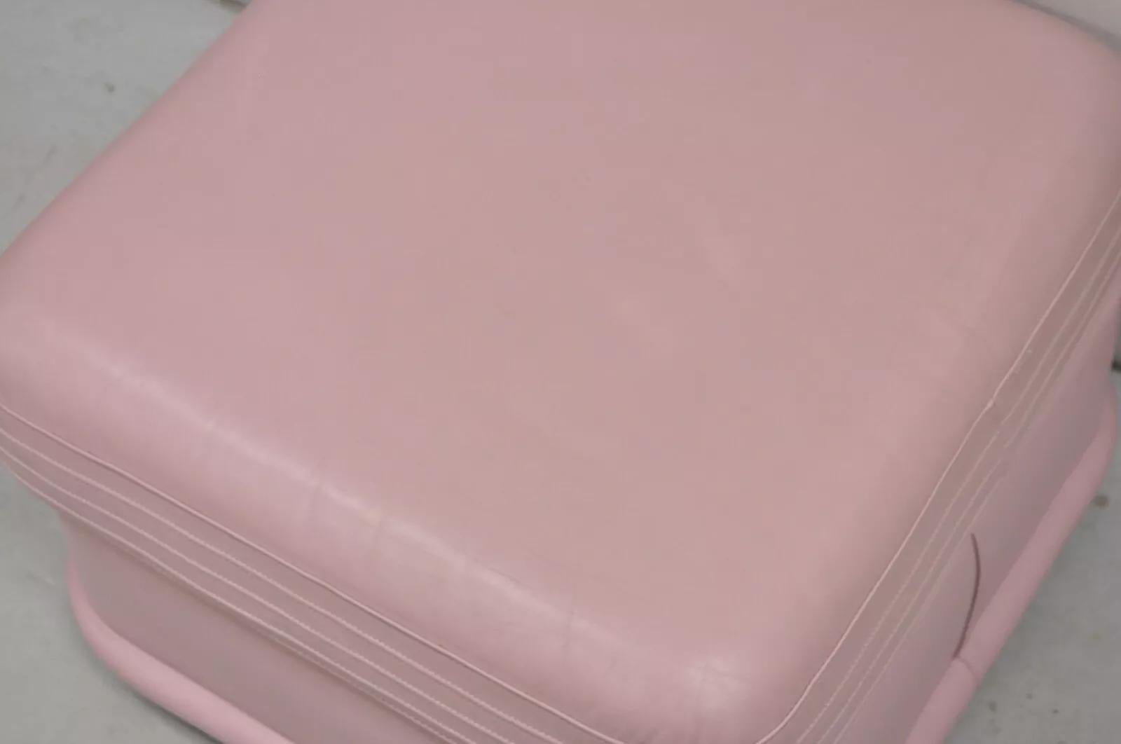 Vintage Post Modern Emerson Leather Bubblegum Pink Stitched Square Ottoman Stool For Sale 3