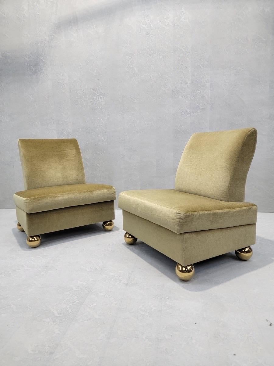 Unknown Vintage Post-Modern Gold Mohair Slipper Chairs on Brass Ball Feet - Set of 4 For Sale