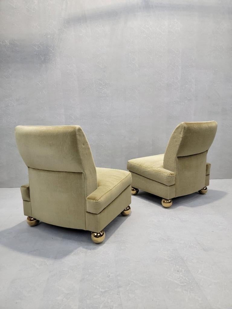 Vintage Post-Modern Gold Mohair Slipper Chairs on Brass Ball Feet - Set of 4 In Good Condition For Sale In Chicago, IL