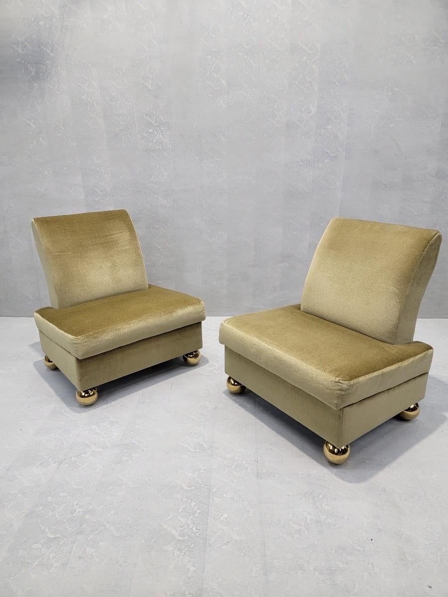 Late 20th Century Vintage Post-Modern Gold Mohair Slipper Chairs on Brass Ball Feet - Set of 4 For Sale