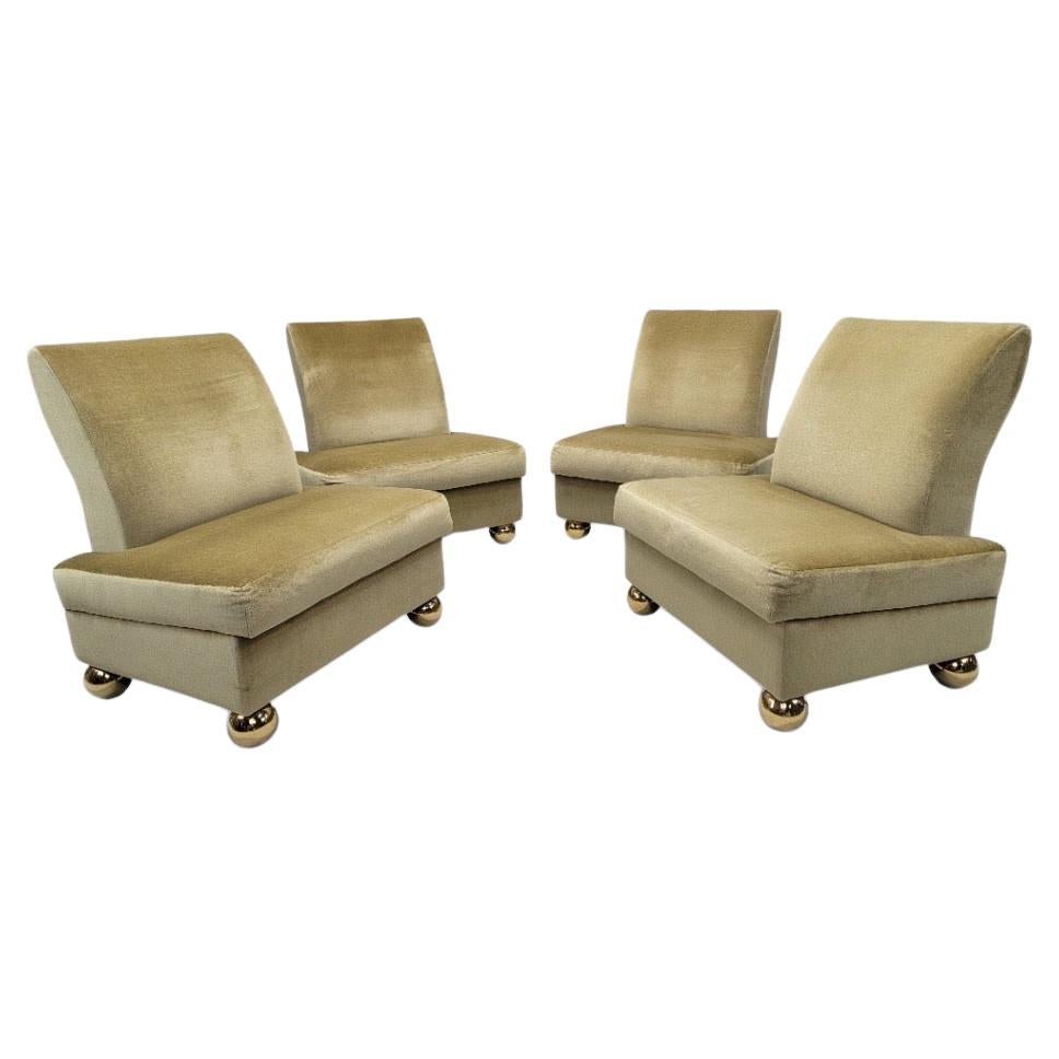 Vintage Post-Modern Gold Mohair Slipper Chairs on Brass Ball Feet - Set of 4 For Sale