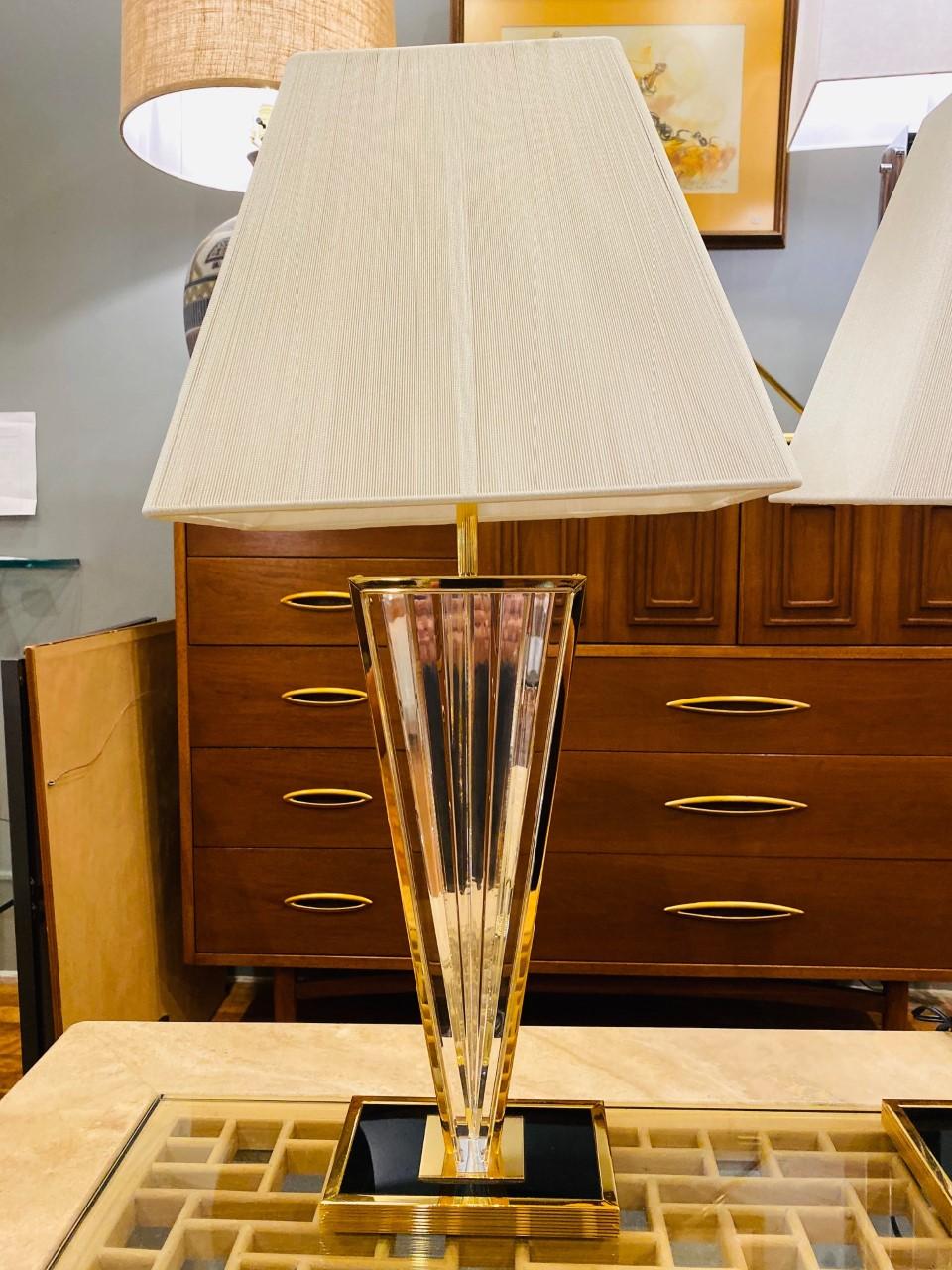 Post-Modern Vintage Post Modern Lucite and Gold Metal Triangular Table Lamps