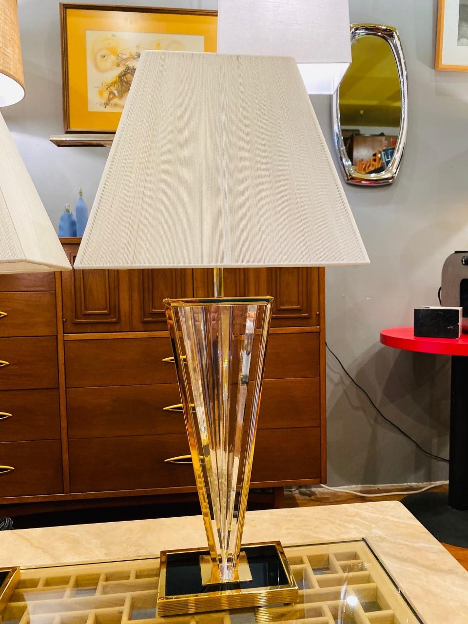 American Vintage Post Modern Lucite and Gold Metal Triangular Table Lamps
