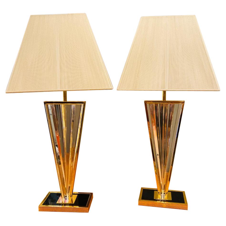 Vintage Post Modern Lucite and Gold Metal Triangular Table Lamps