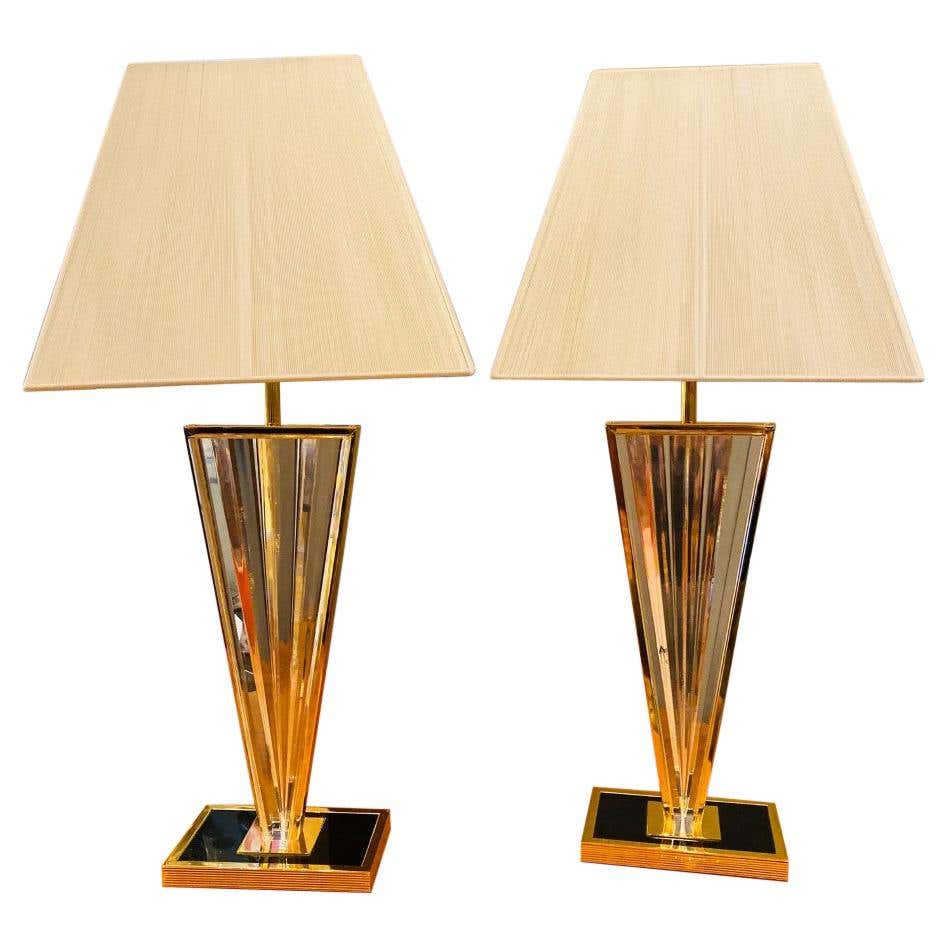 Vintage Post Modern Lucite and Gold Metal Triangular Table Lamps at 1stDibs