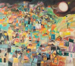 Peinture à l'huile sur toile vintage post-moderne de style cubiste, datée de 1978