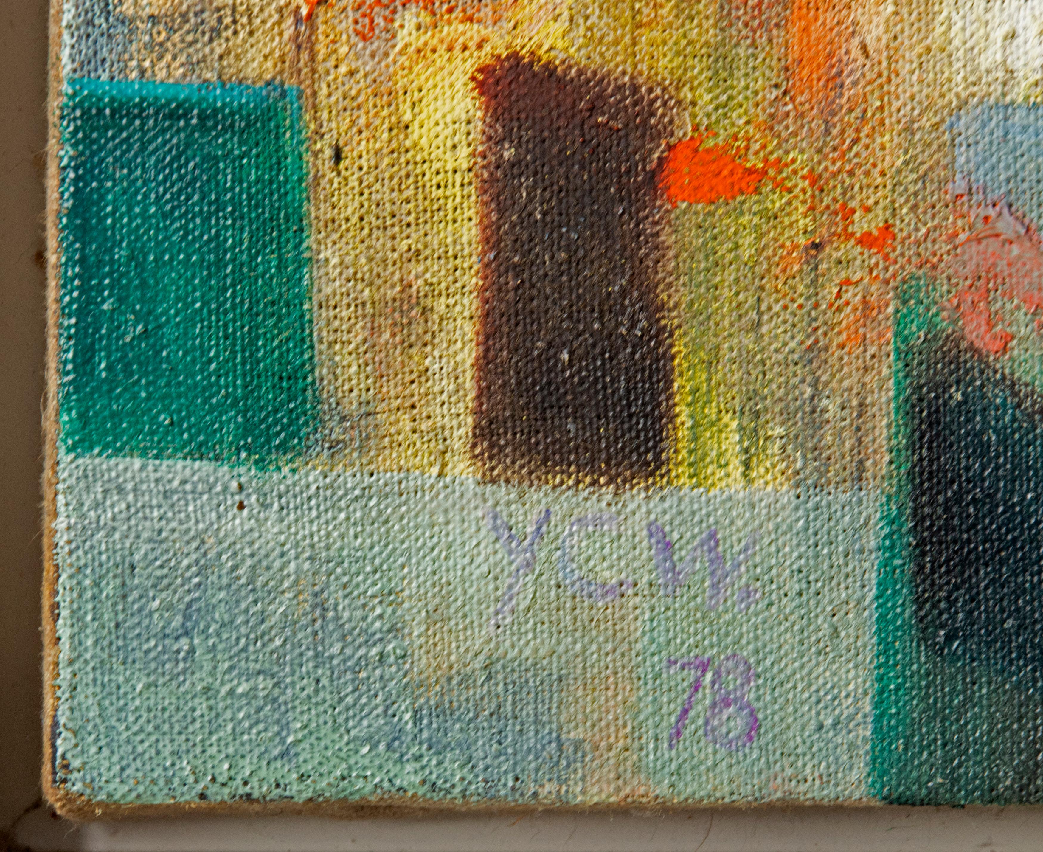 Hand-Painted Vintage Post Modern Oil Painting on Canvas Cubist Style, Dated 1978 For Sale