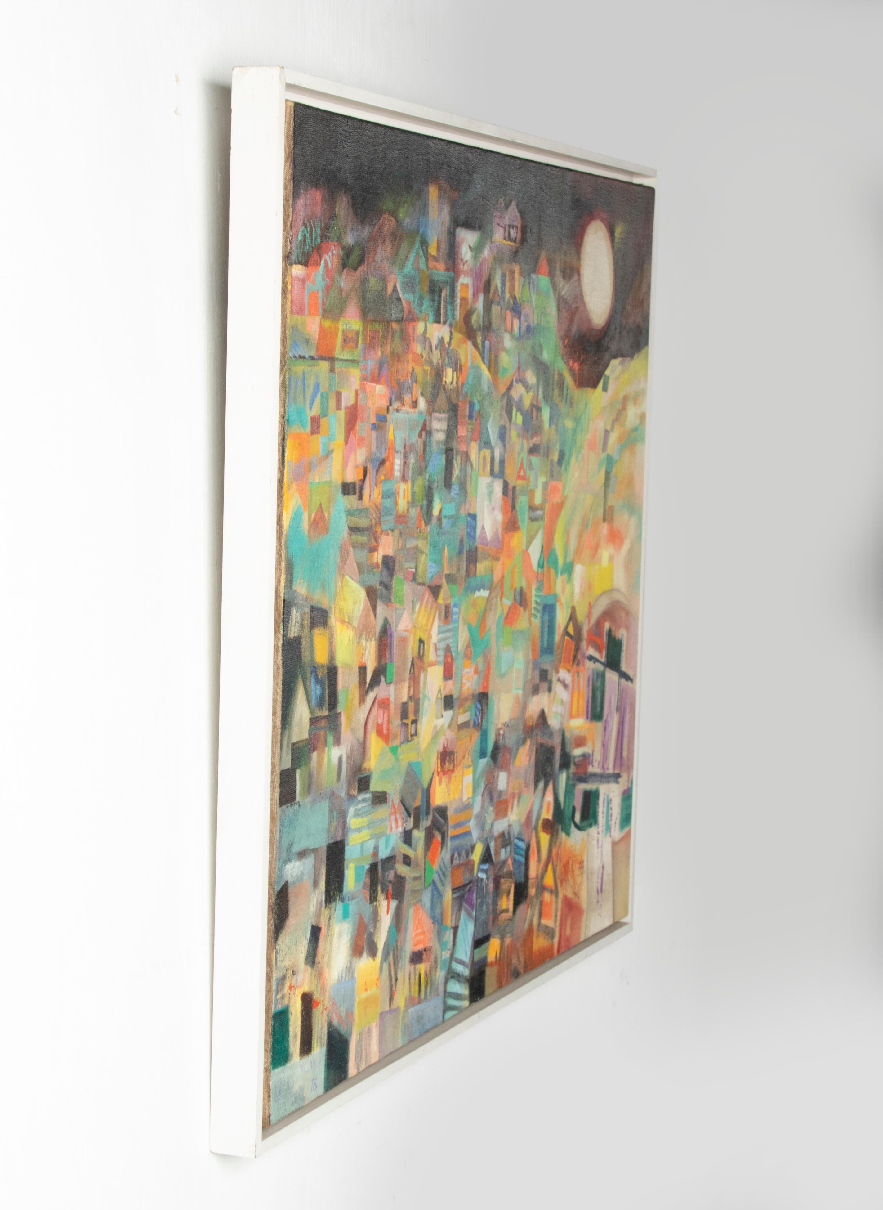 Postmodernes Vintage-Ölgemälde auf Leinwand im kubistischen Stil, datiert 1978 (Farbe) im Angebot