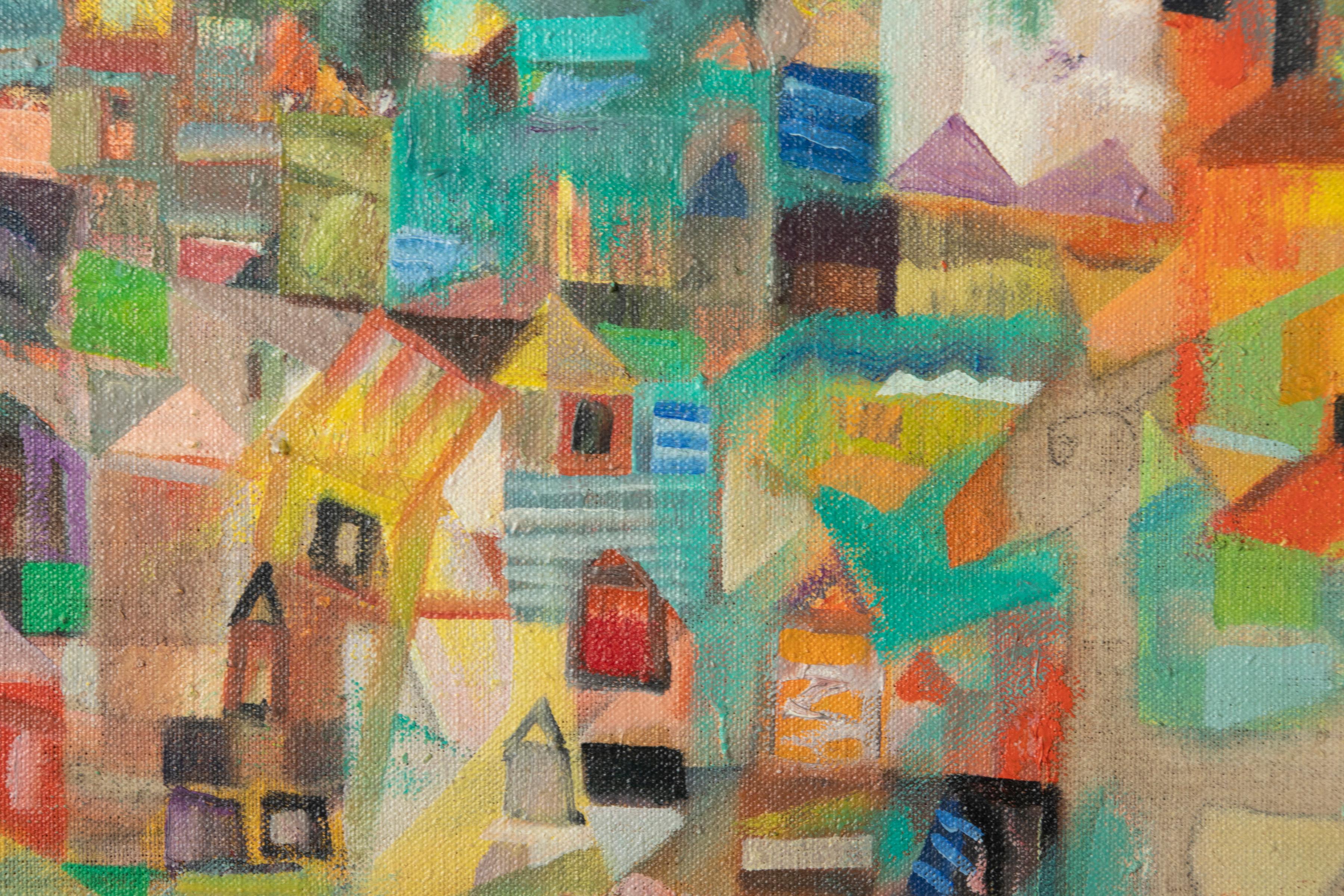 Postmodernes Vintage-Ölgemälde auf Leinwand im kubistischen Stil, datiert 1978 im Angebot 1
