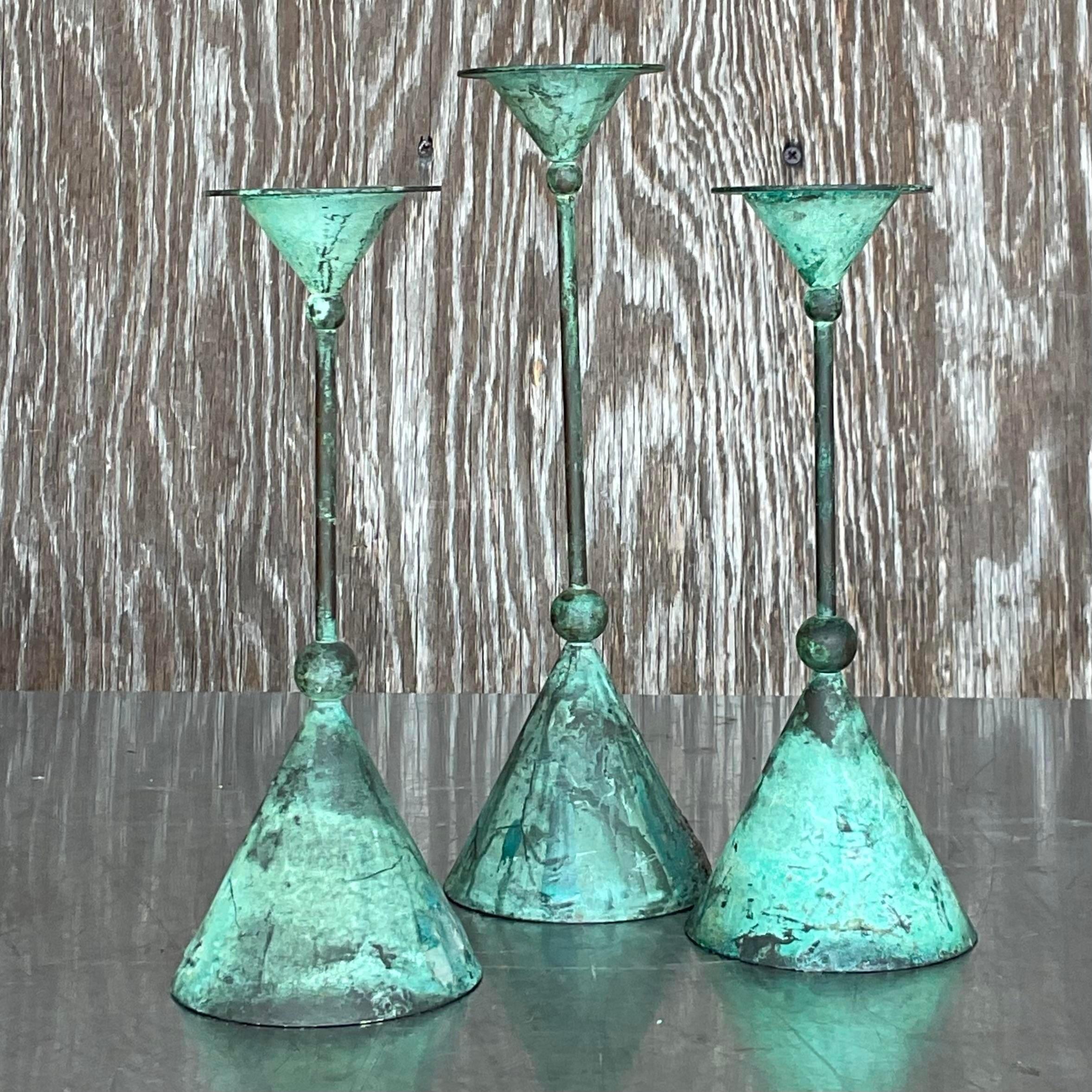 Vintage Post Modern Patinated Bronze Candlesticks - Set of 3 In Good Condition In west palm beach, FL