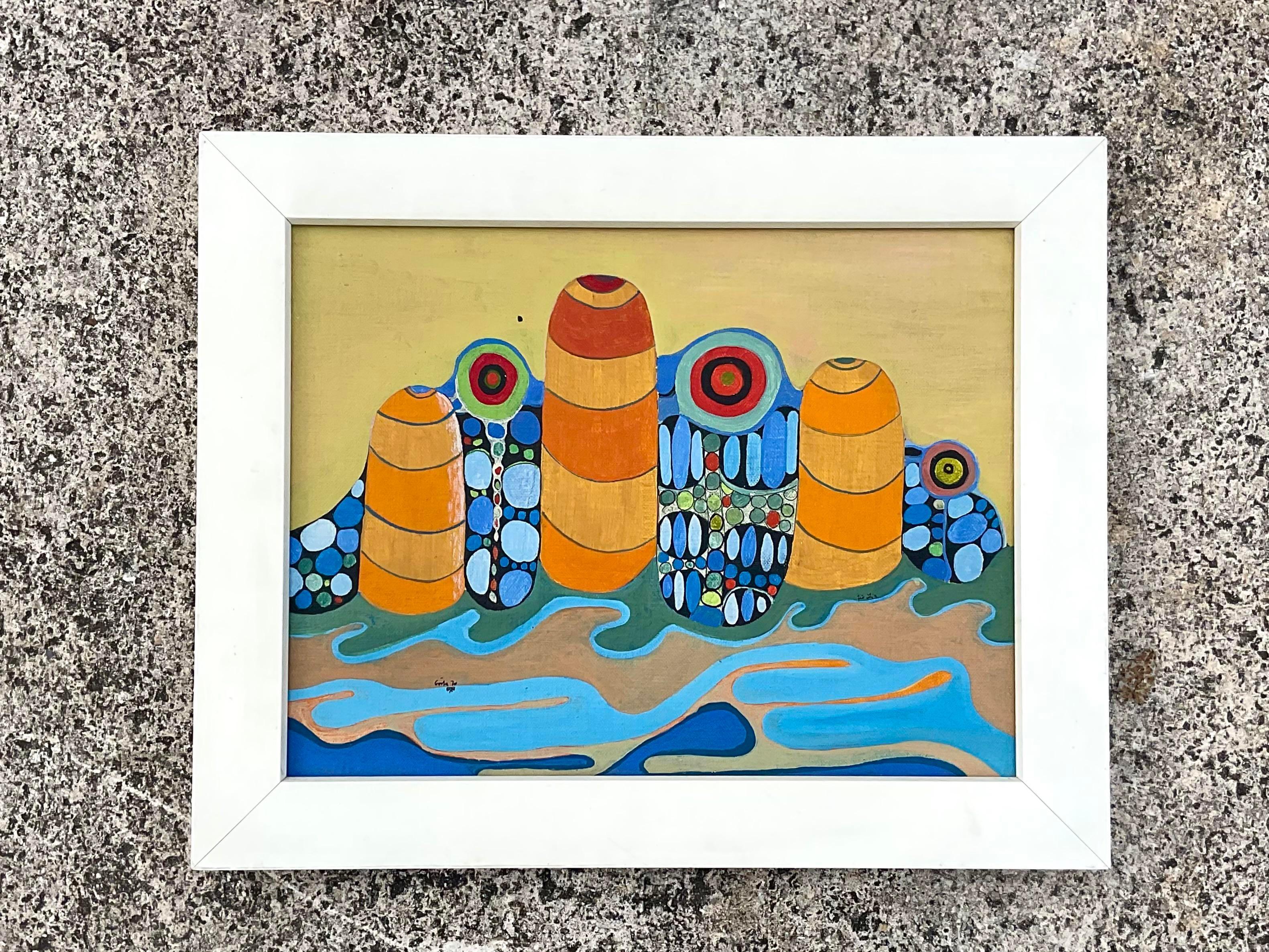 Incredible vintage Post Modern abstract oil painting. Done in canvas and wrapped on to a board. A funky psychedelic composition in bright clear colors. Signed and dated 1970. Acquired from a London estate