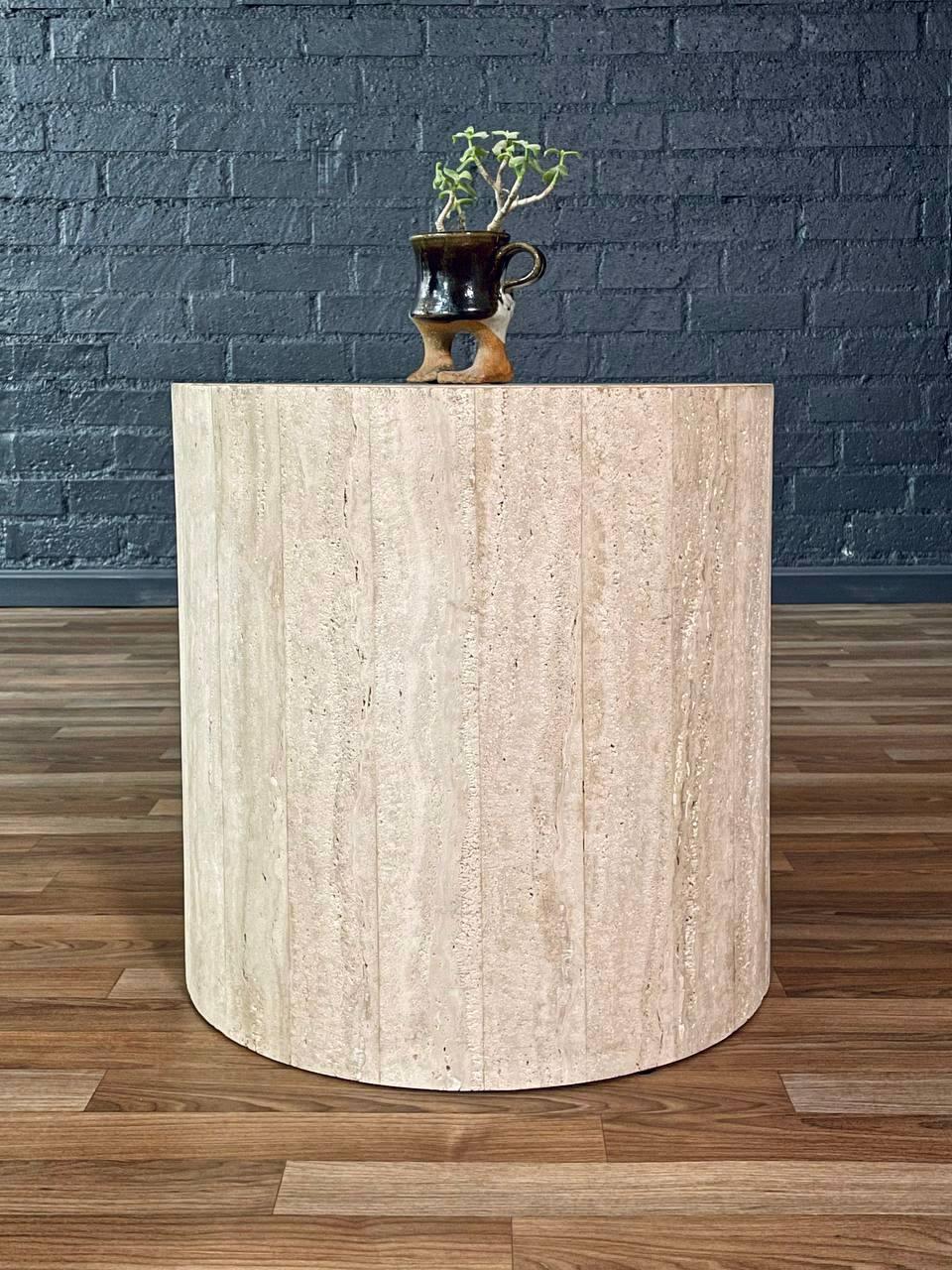 Post-Modern Vintage Post Modern Round Travertine Stone Pedestal Table For Sale
