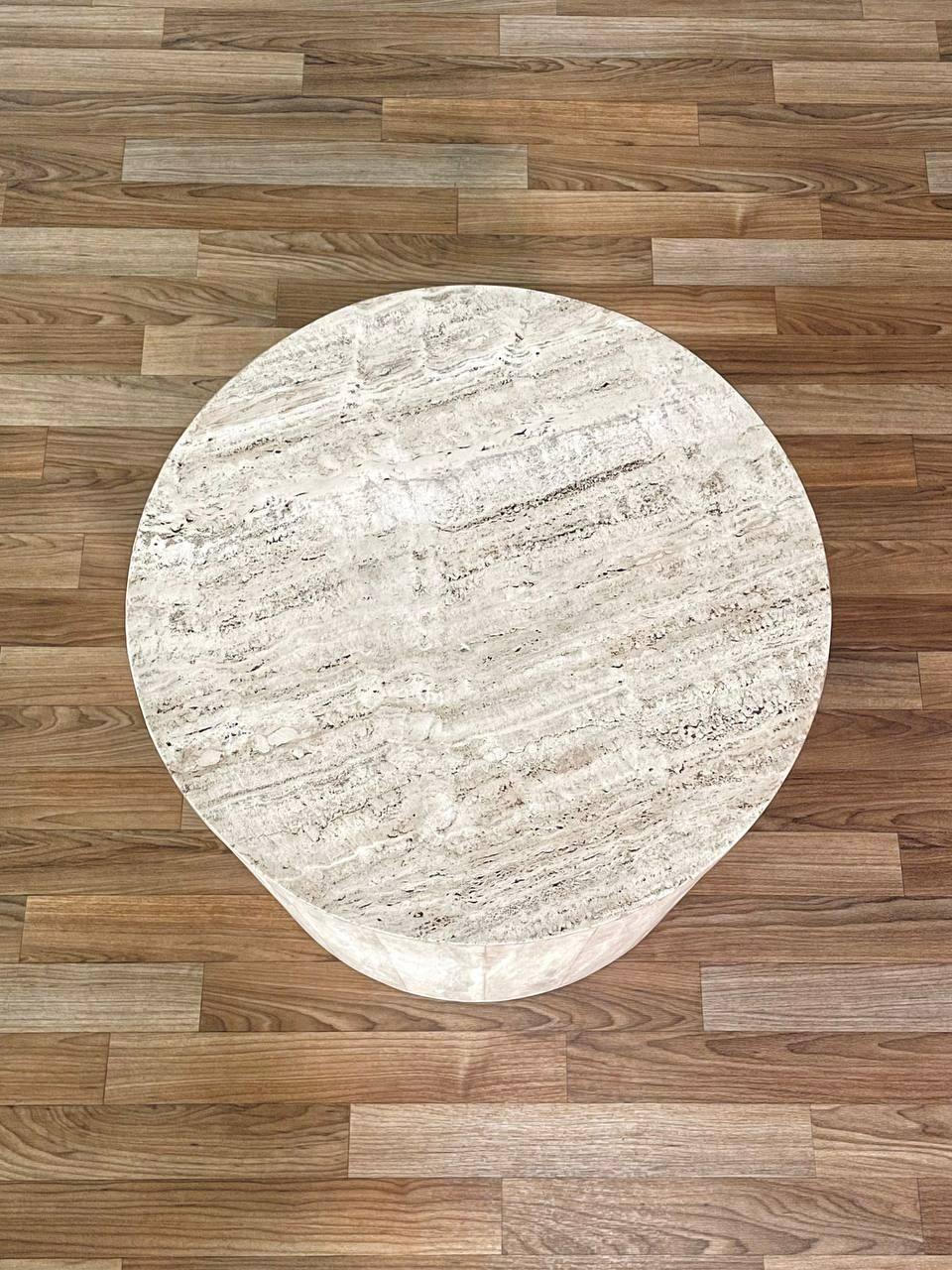 Italian Vintage Post Modern Round Travertine Stone Pedestal Table For Sale