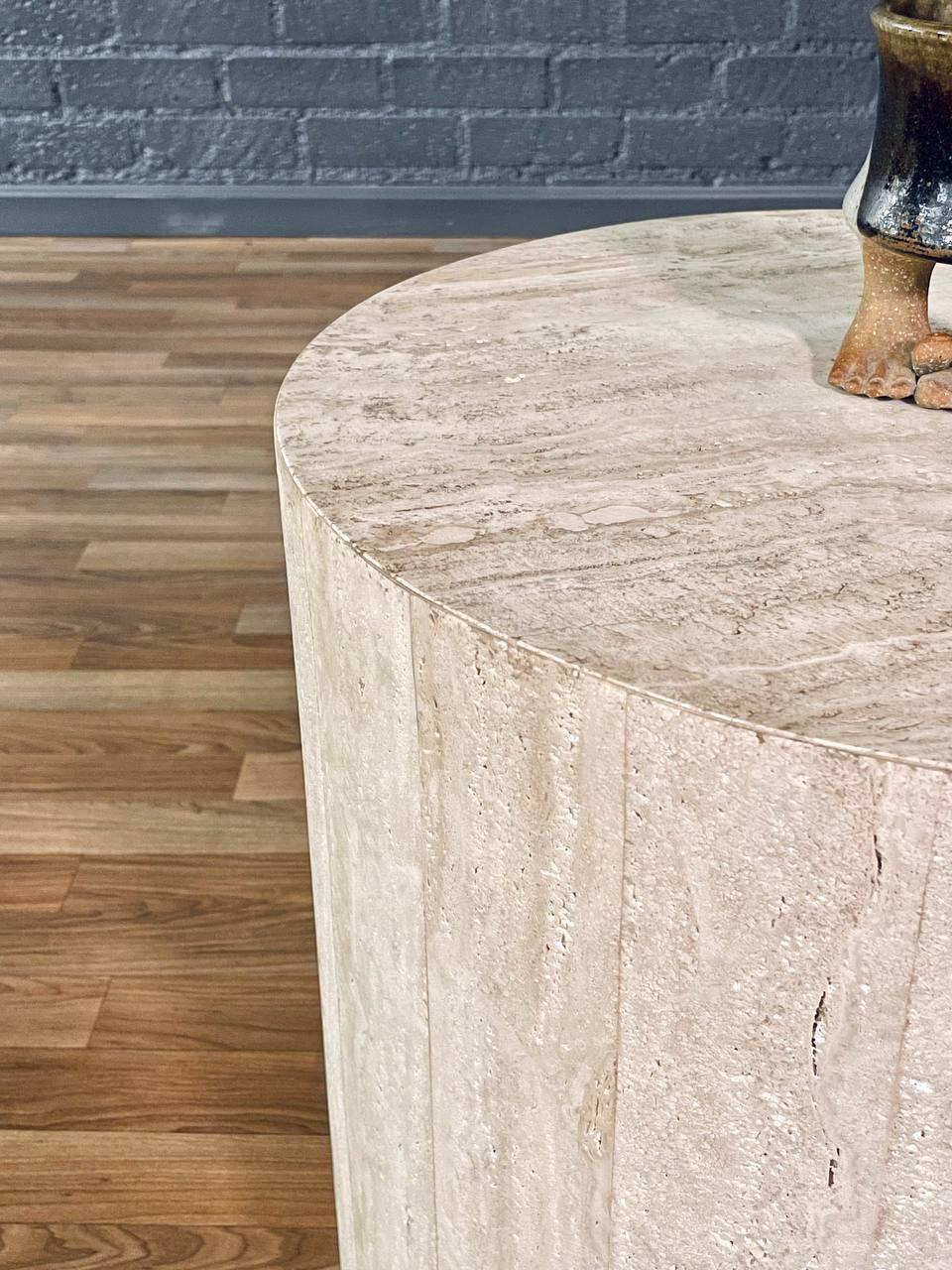 Late 20th Century Vintage Post Modern Round Travertine Stone Pedestal Table For Sale