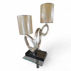 Vintage Post-Modern Sculptural Two Lite Silver W/Black Base Table Lamp
