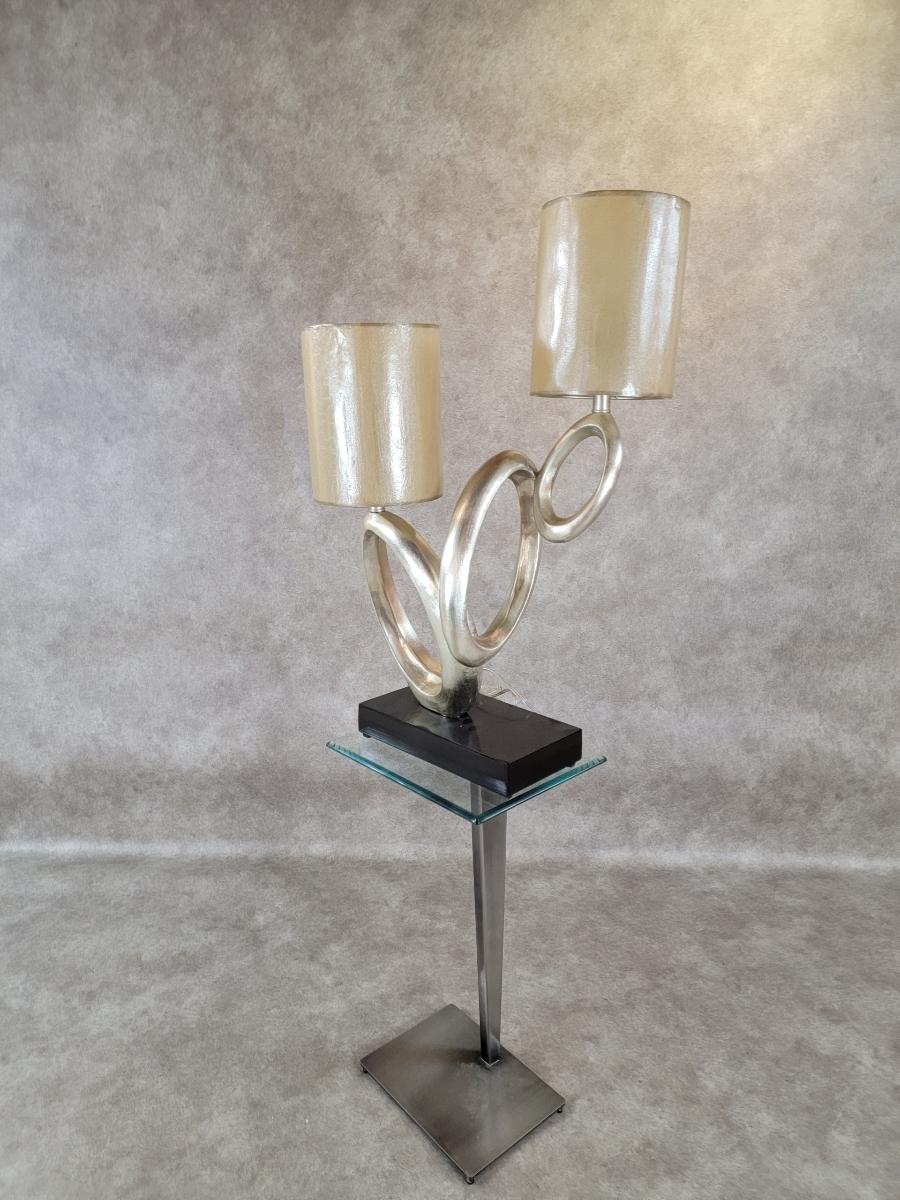 Lámpara de mesa postmoderna vintage de dos luces plateada con base negra en venta 1