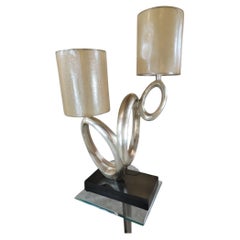Vintage Post-Modern Sculptural Two Lite Silver W/Black Base Table Lamp
