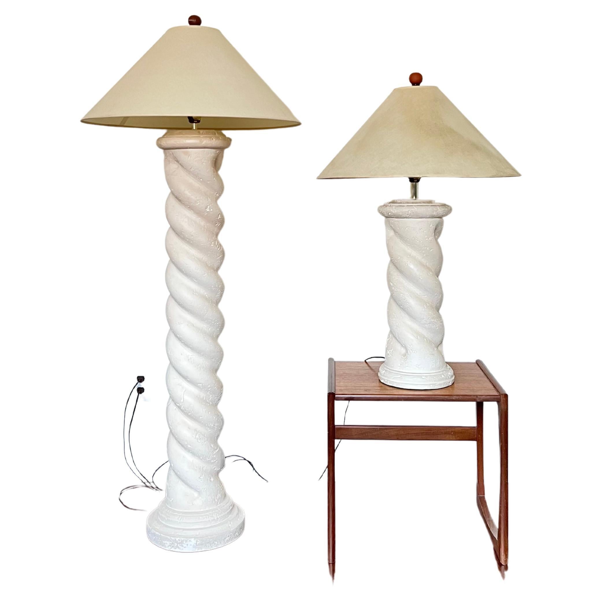 Vintage Post Modern Swirl Plaster 1980s Floor Lamp and Table Lamp