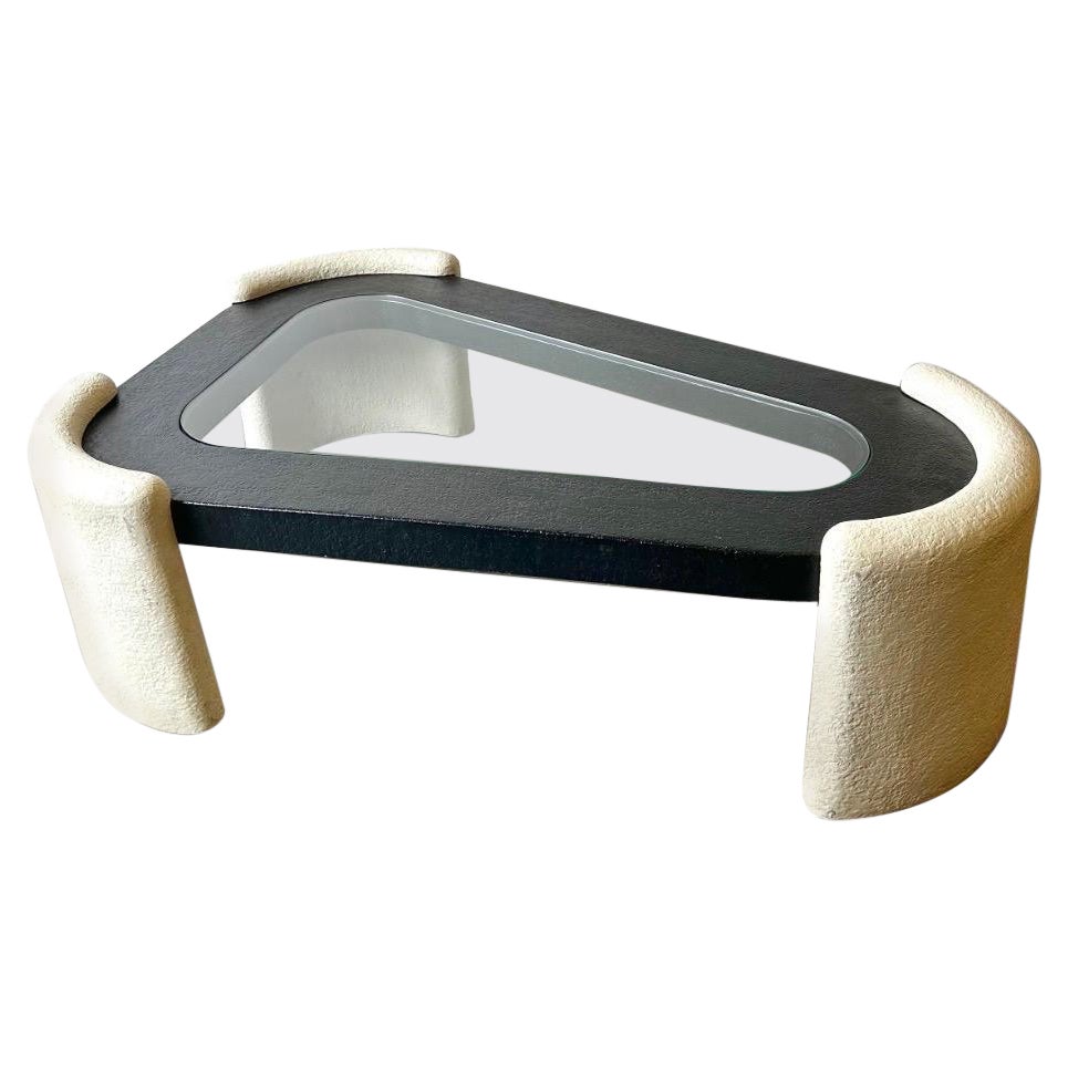 Vintage post modern unique guitar pick shaped plaster and glass coffee table For Sale