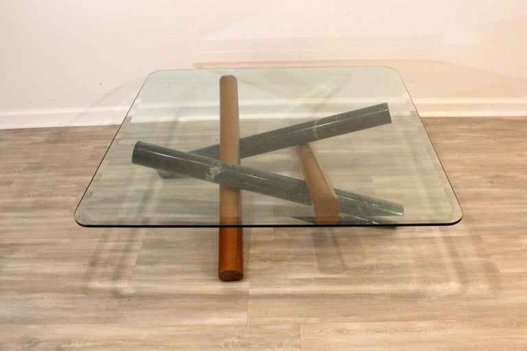 Vintage Post Modern Vignelli Style Green Marble Wood Base Coffee