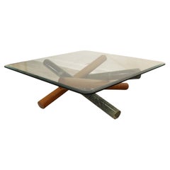 Vintage Post Modern Vignelli Style Green Marble Wood Base Coffee Cocktail Table