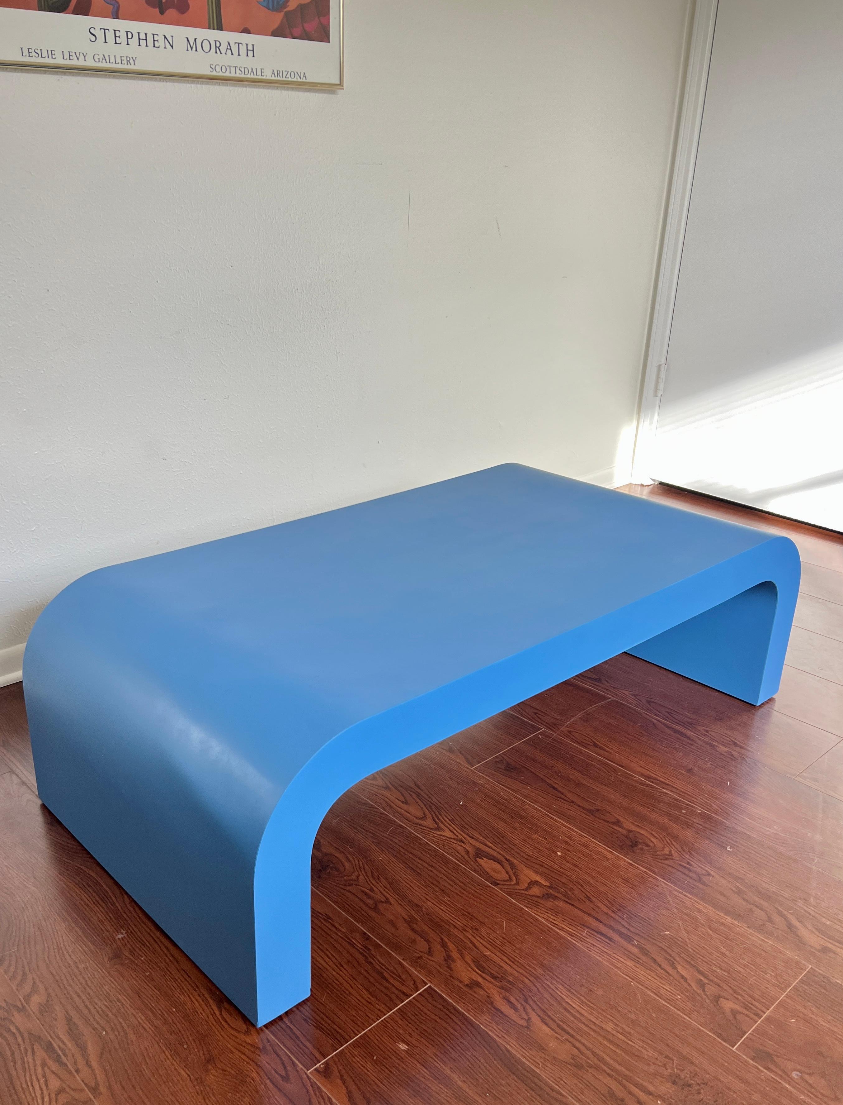 Vintage post modern waterfall coffee table in a gorgeous blue color In Good Condition In Houston, TX