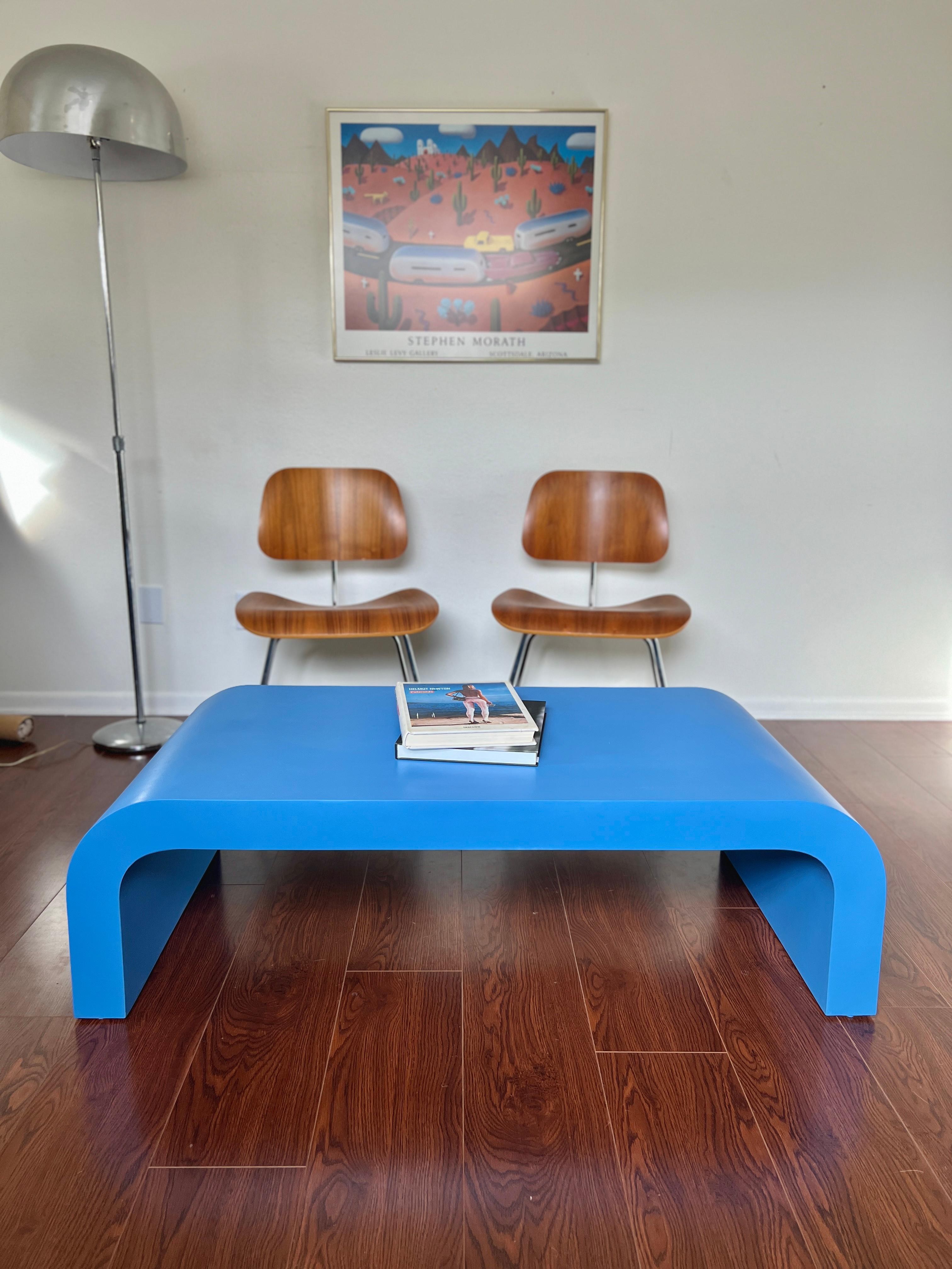 Late 20th Century Vintage post modern waterfall coffee table in a gorgeous blue color
