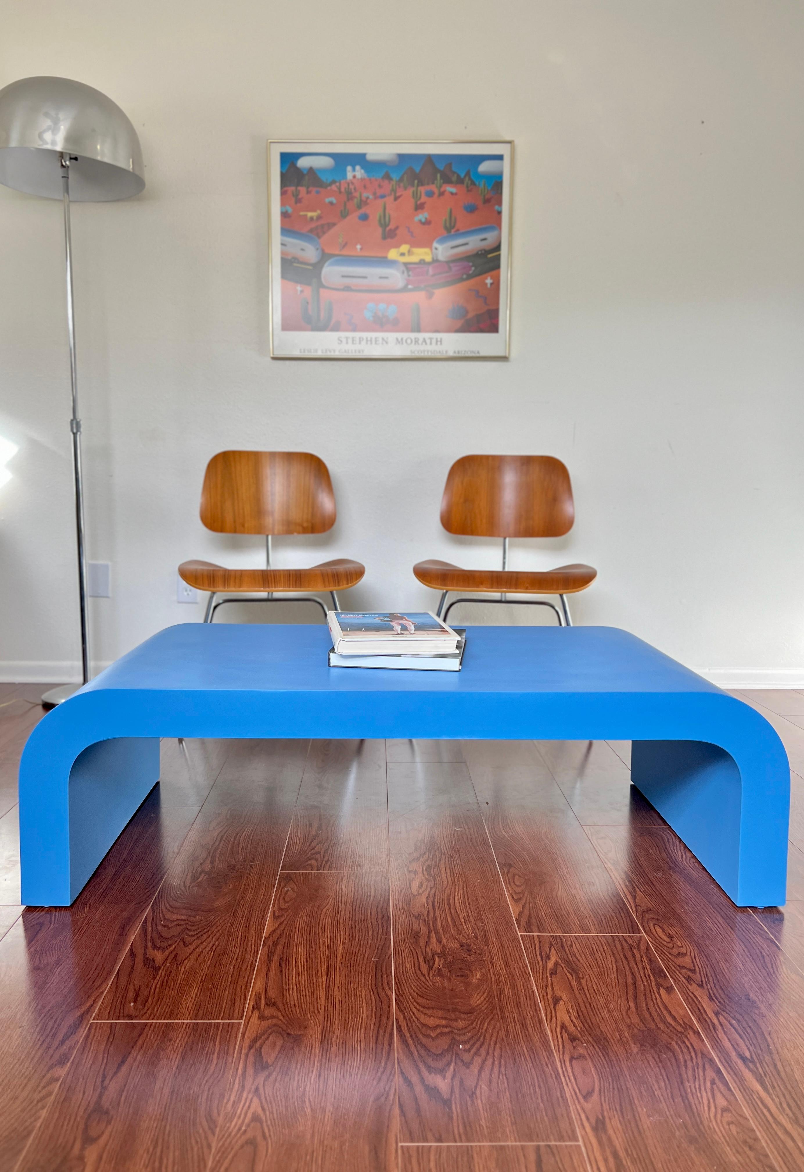Wood Vintage post modern waterfall coffee table in a gorgeous blue color