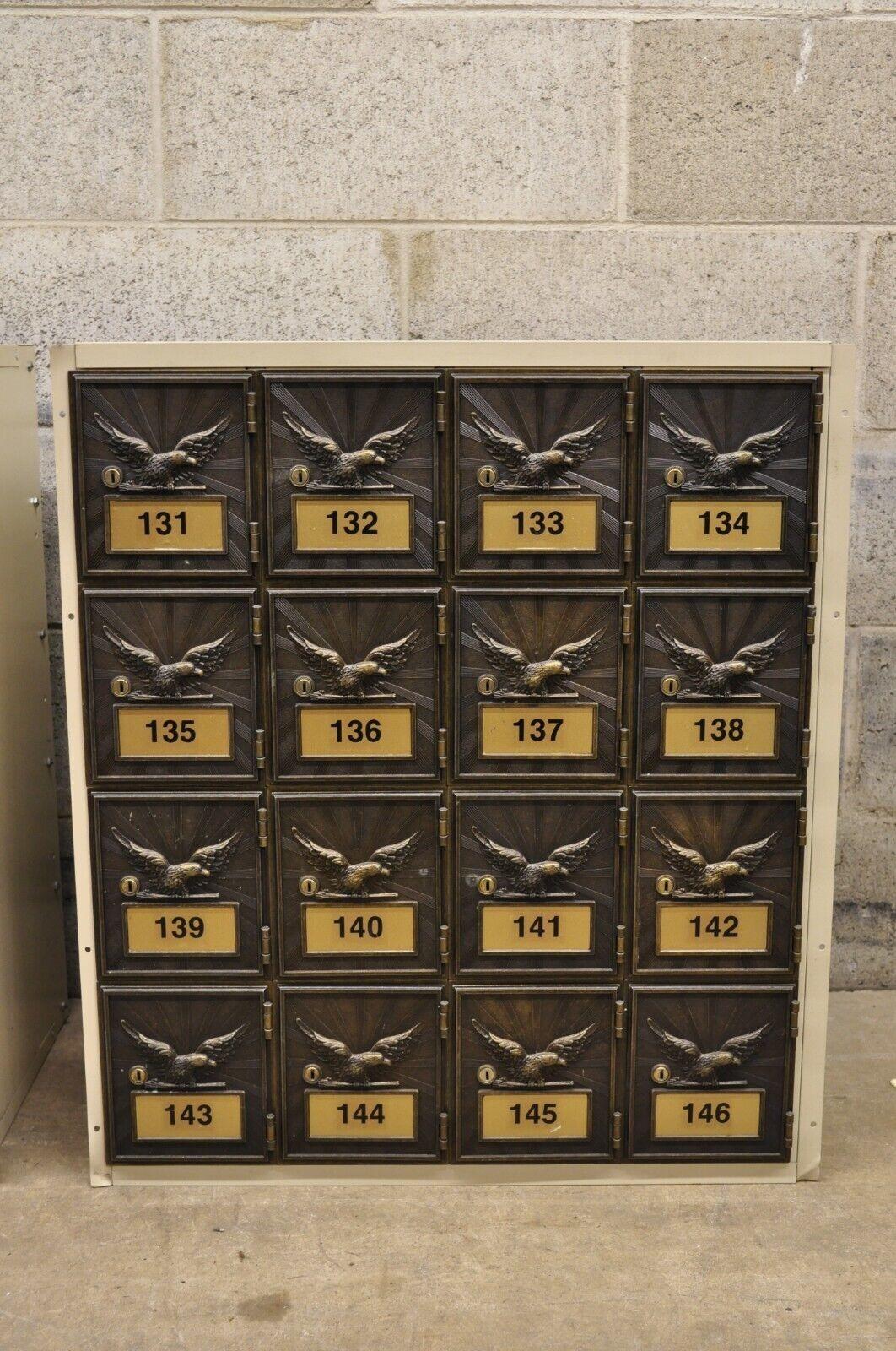 Victorian Vintage Post Office Apartment Mailbox Metal Cabinet with Eagle Doors - Set of 2 For Sale