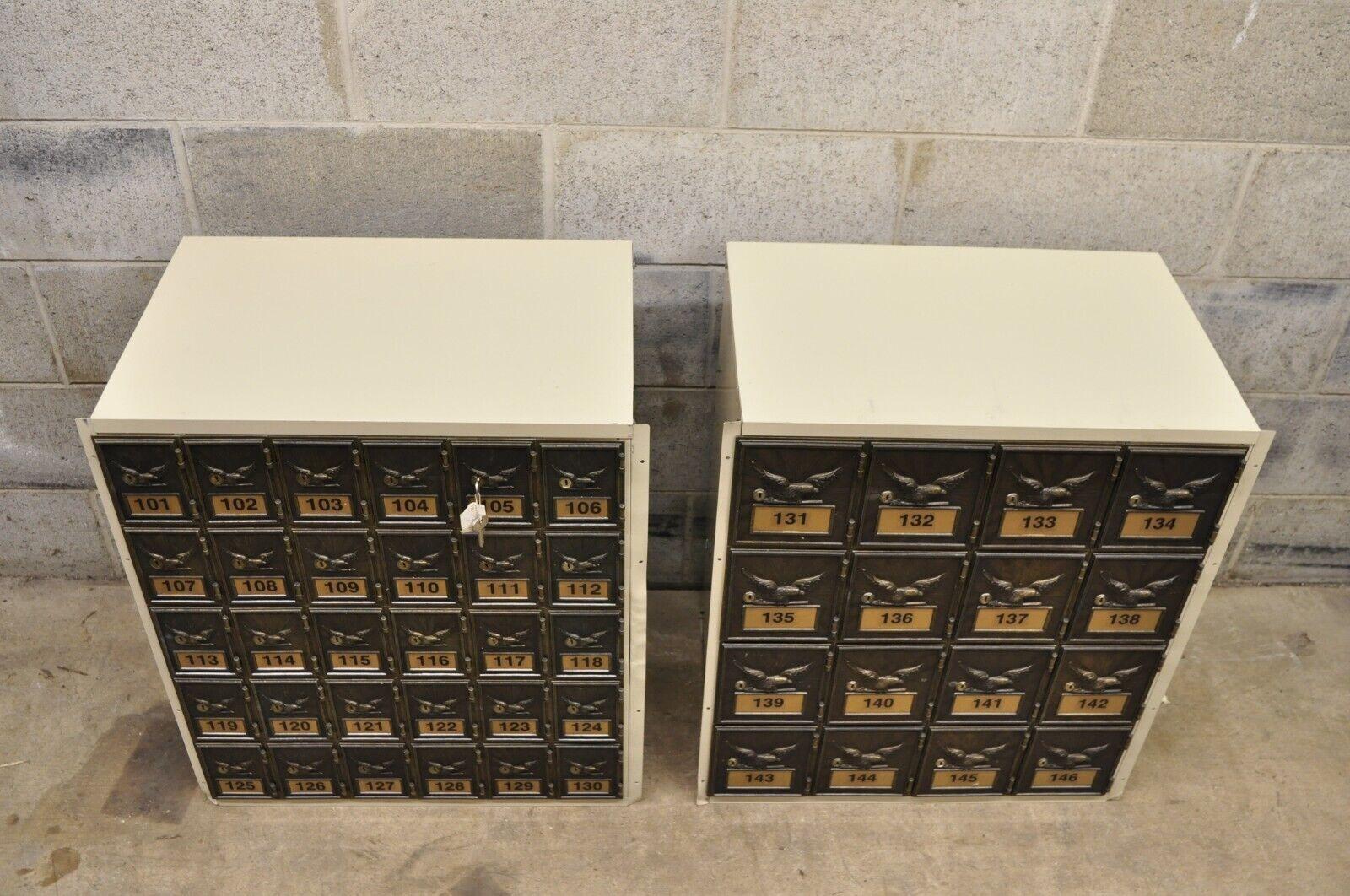 Vintage Post Office Apartment Mailbox Metal Cabinet with Eagle Doors - Set of 2 In Good Condition For Sale In Philadelphia, PA