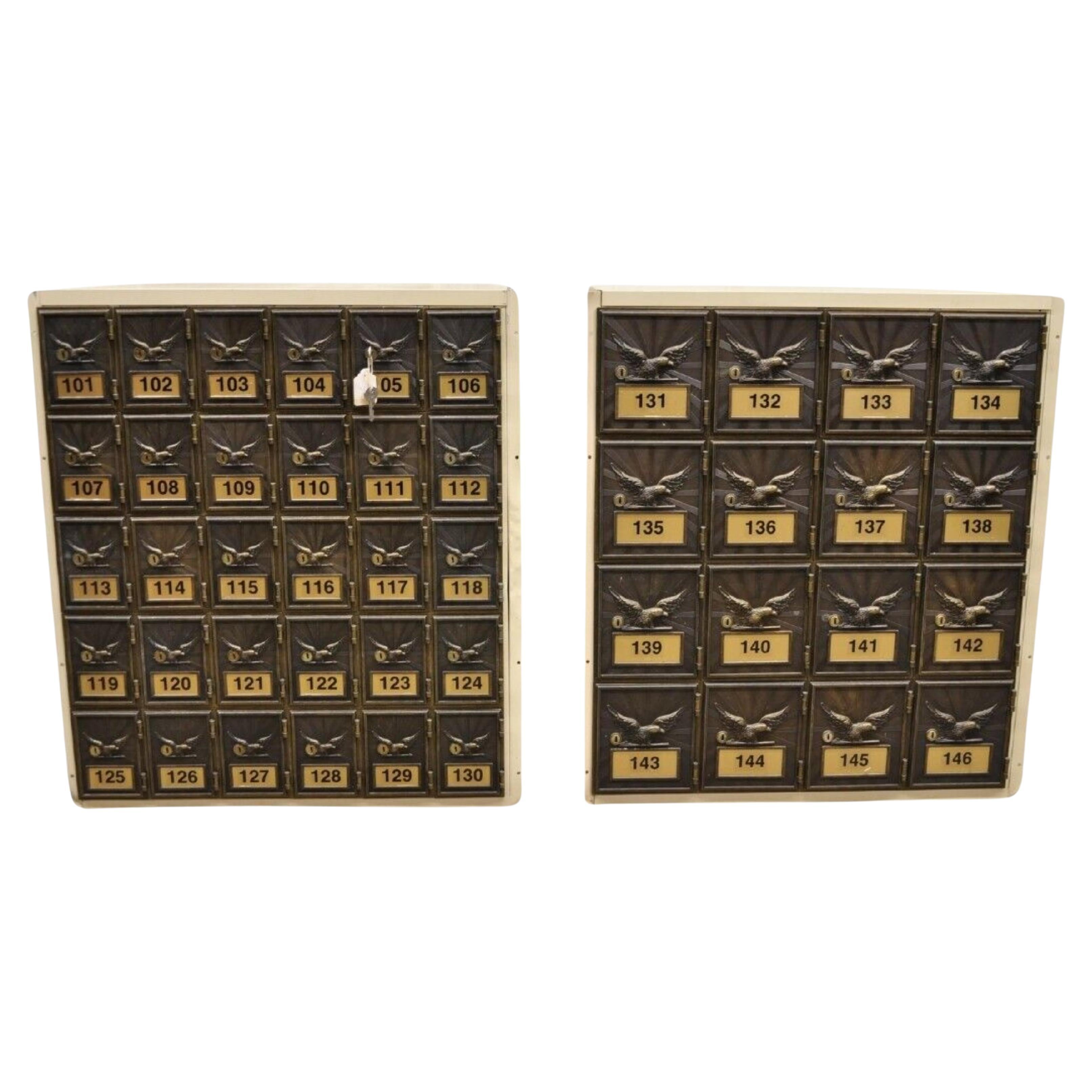 Vintage Post Office Apartment Mailbox Metal Cabinet with Eagle Doors - Set of 2 For Sale