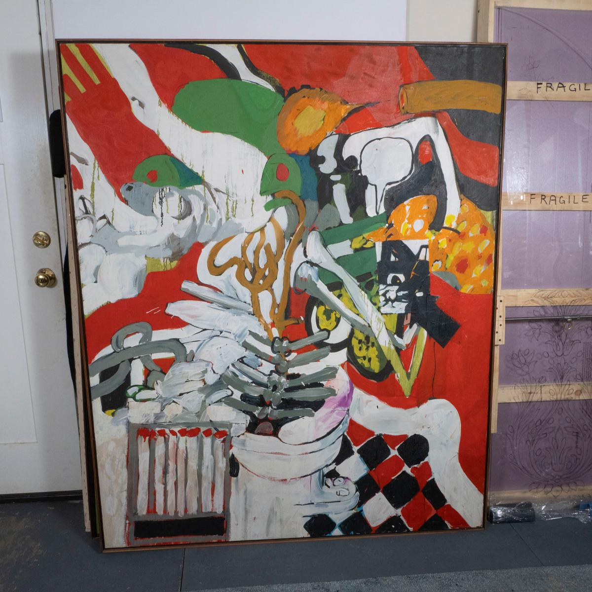 Große hybride Komposition aus abstraktem Expressionismus und Pop-Art mit gegenständlichen und ungegenständlichen Elementen. Verso, oberer Keilrahmen mit gedrucktem Galerie-Etikett, datiert 