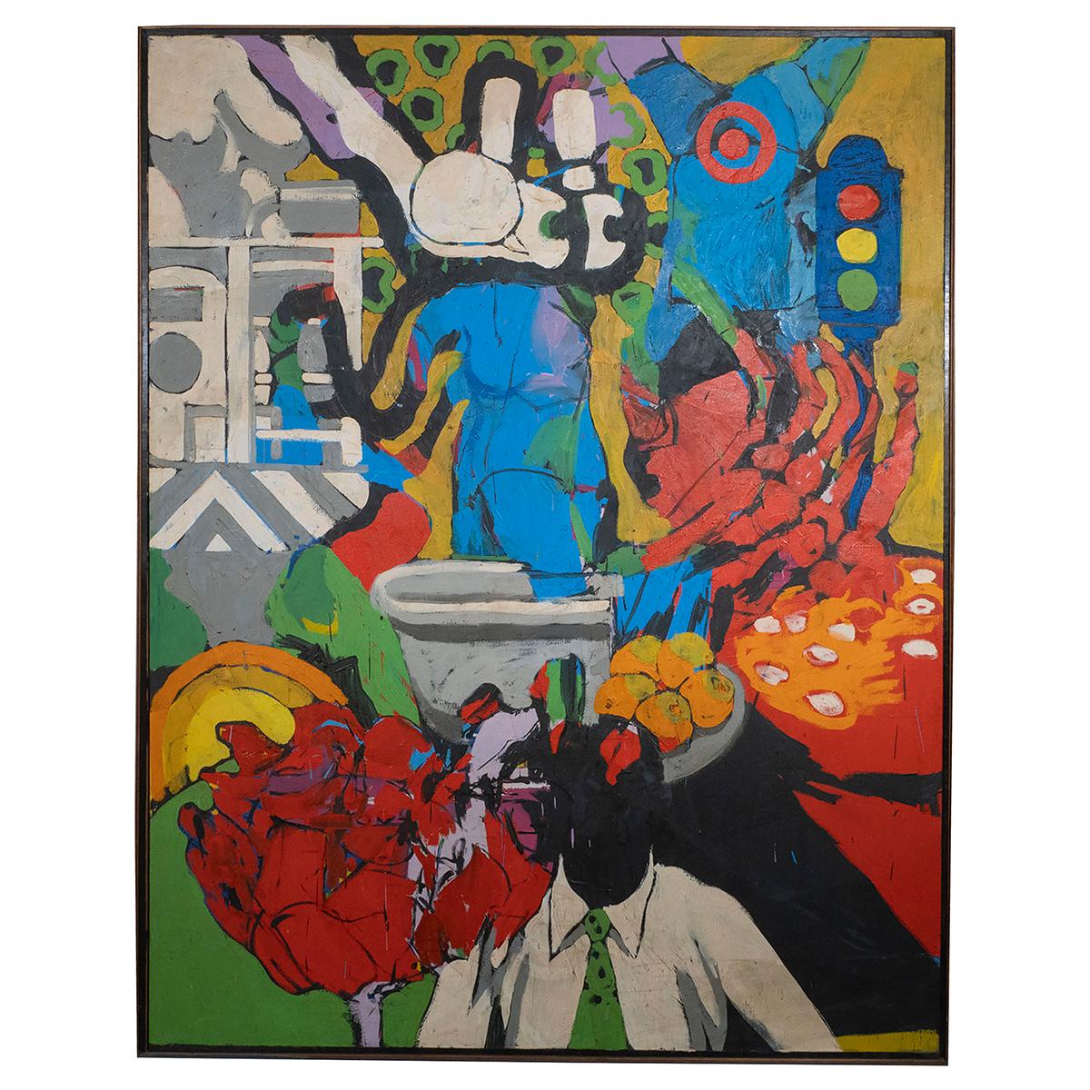 Gran composición híbrida de Expresionismo Abstracto y Pop Art con elementos representativos y no representativos. Firmado en el verso 