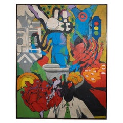 Óleo sobre lienzo expresionista abstracto / pop art vintage de posguerra
