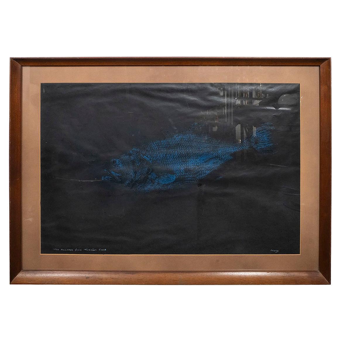 Monoprint Vintage de peces Gyotaku de posguerra
