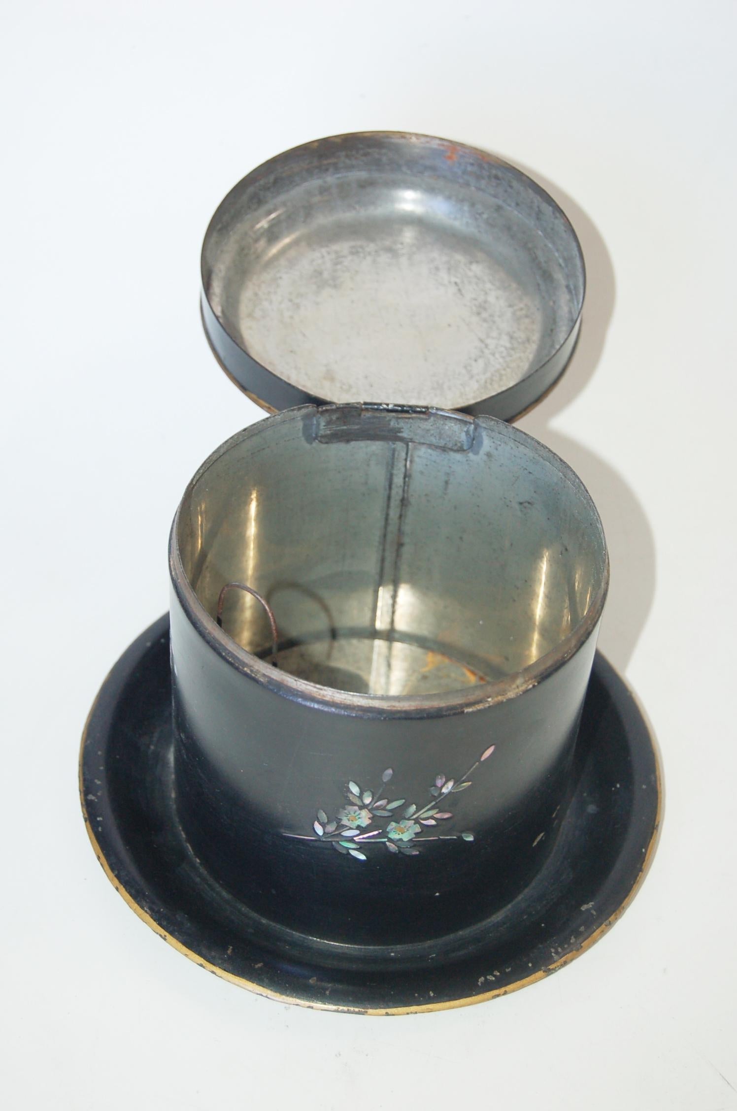 Mid-Century Modern Vintage Post War Japanese Black Aboloni Round Tea Caddie Canister For Sale