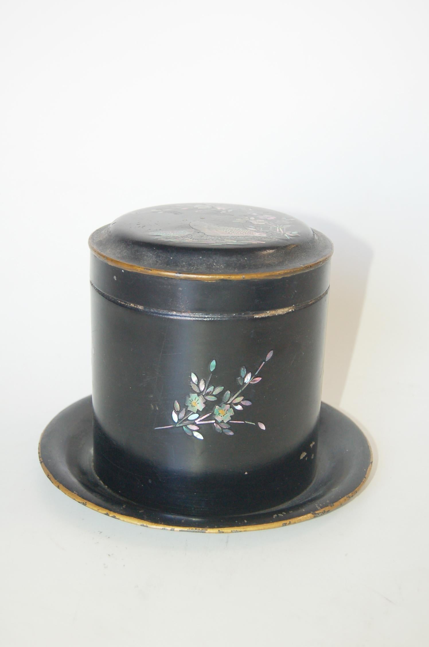 Runder Teekanister aus schwarzem Aboloni-Teegeschirr aus der Nachkriegszeit (Metall) im Angebot