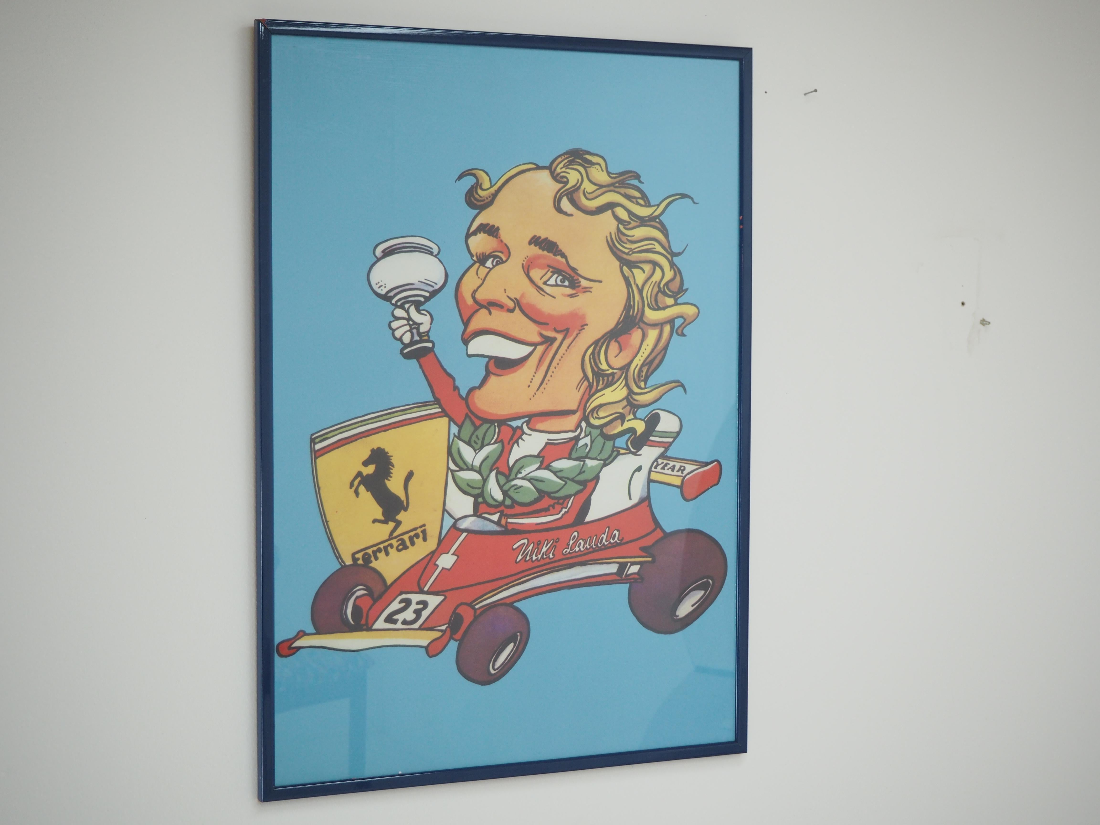 Verre Affiche vintage caricature de Niki Lauda, 1970 en vente