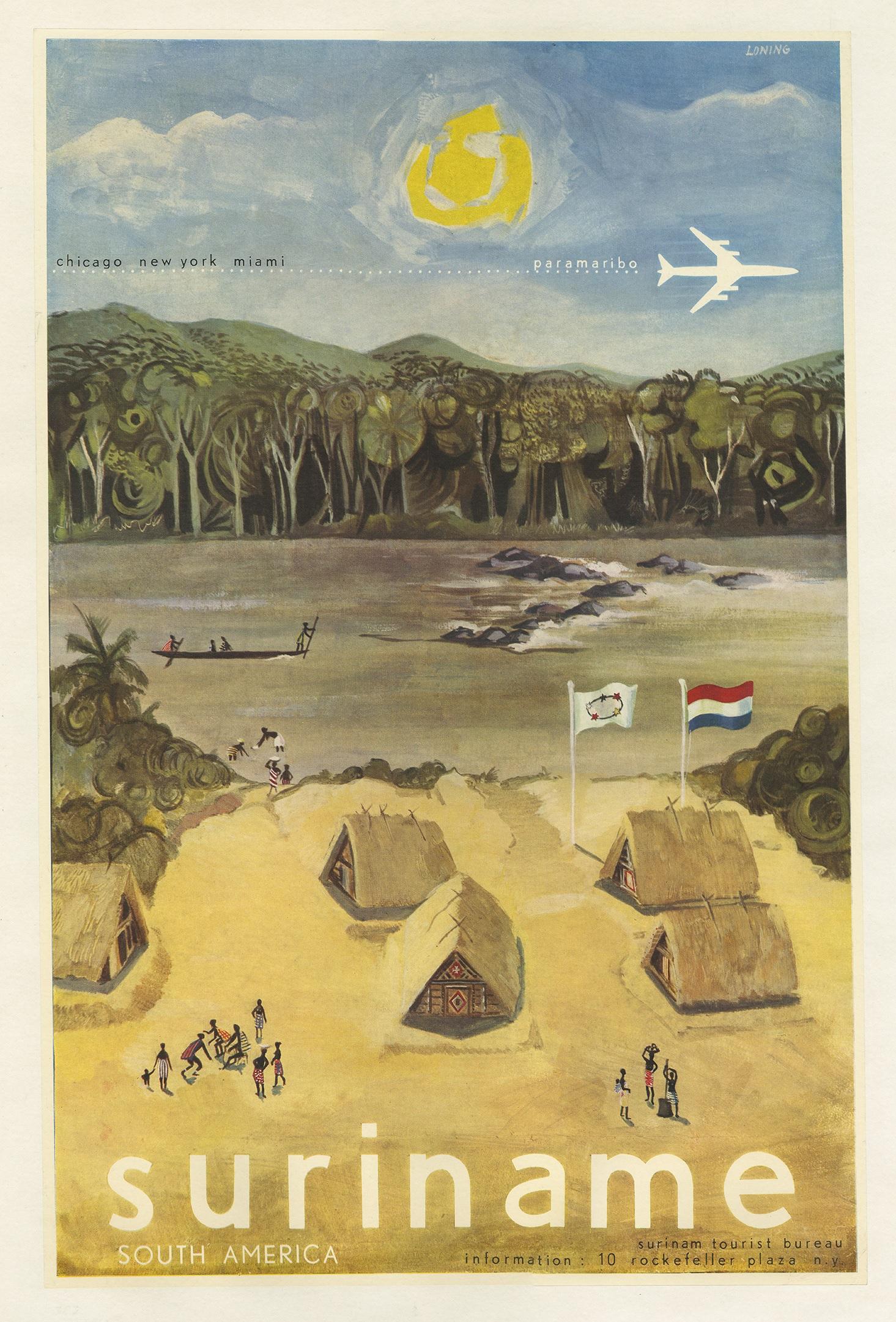 Vintage poster issued by the Suriname Tourist Bureau, circa 1950. It shows a village and a flight route 'Chicago, New York, Miami, Paramaribo' followed by an airplane. Linen backed.