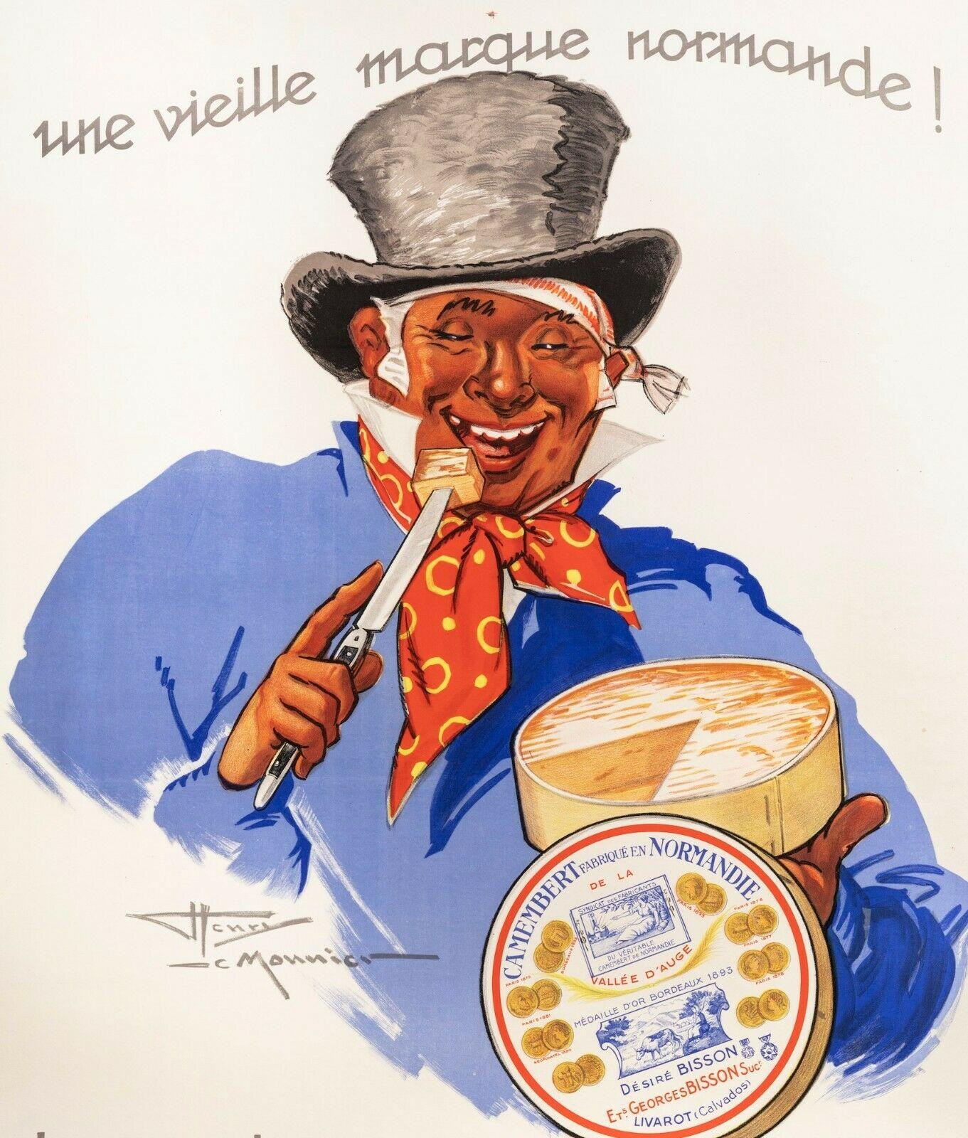 Vintage Poster-Lemonnier-Camembert Brisson Normandy-Wine with Cheese, 1937

Poster to promote the Camembert produced by Georges Bisson in Livarot, commune of Clavados (Normandy). A man, top hat, red scarf, blue clothing, cuts a slice of camembert