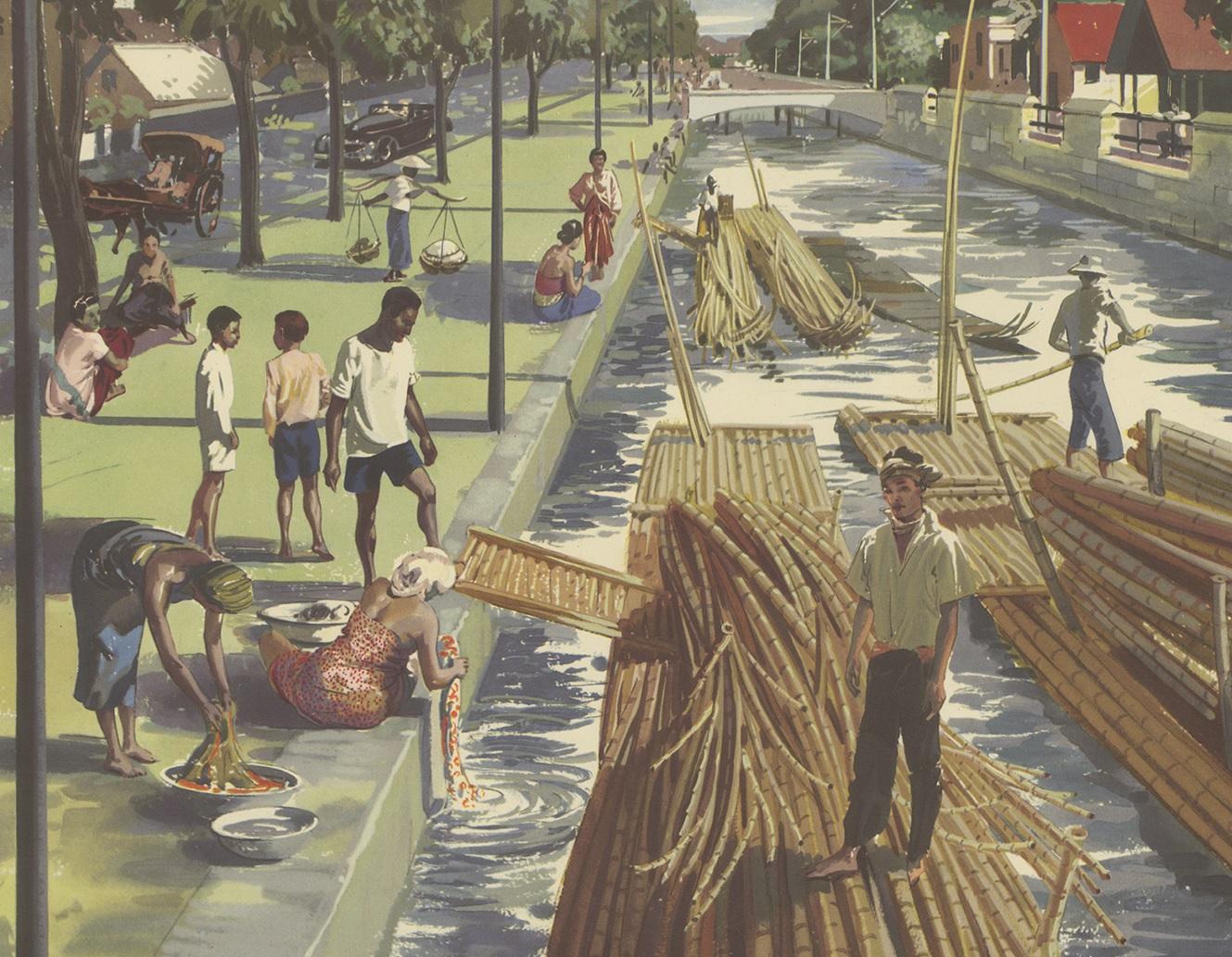 Vintage-Poster, das den Transport von Rohr und Bambus auf einem Boot in Java, Indonesien, zeigt. Veröffentlicht von Macmillan nach Mac Tatchell, ca. 1960.